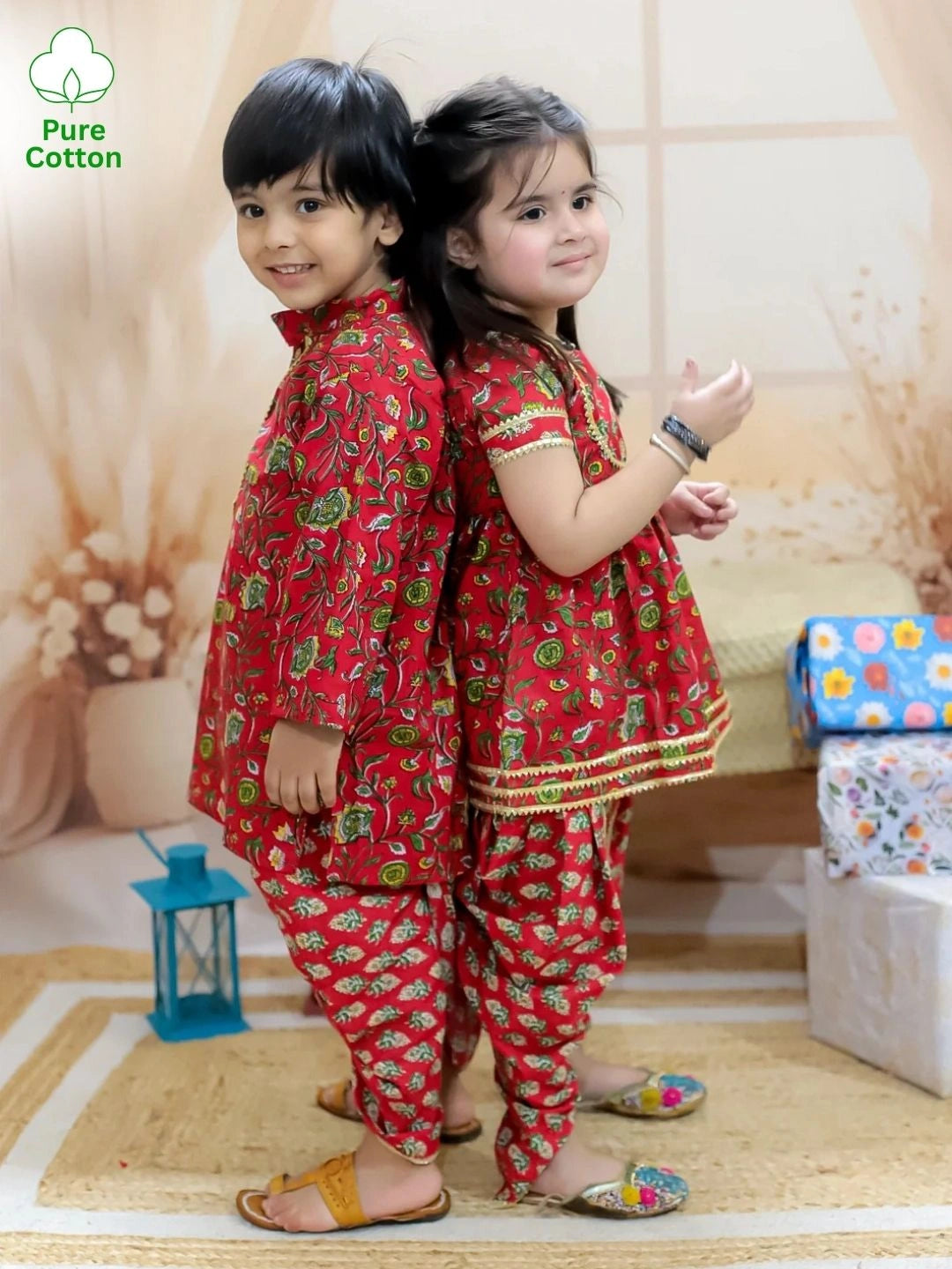 BownBee Sibling Set Pure Cotton Printed Kurta Dhoti with Pure Cotton Patch Top Dhoti