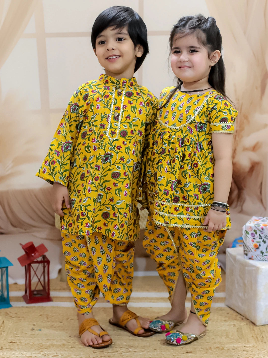 BownBee Sibling Set Pure Cotton Printed Kurta Dhoti with Pure Cotton Patch Top Dhoti - Yellow