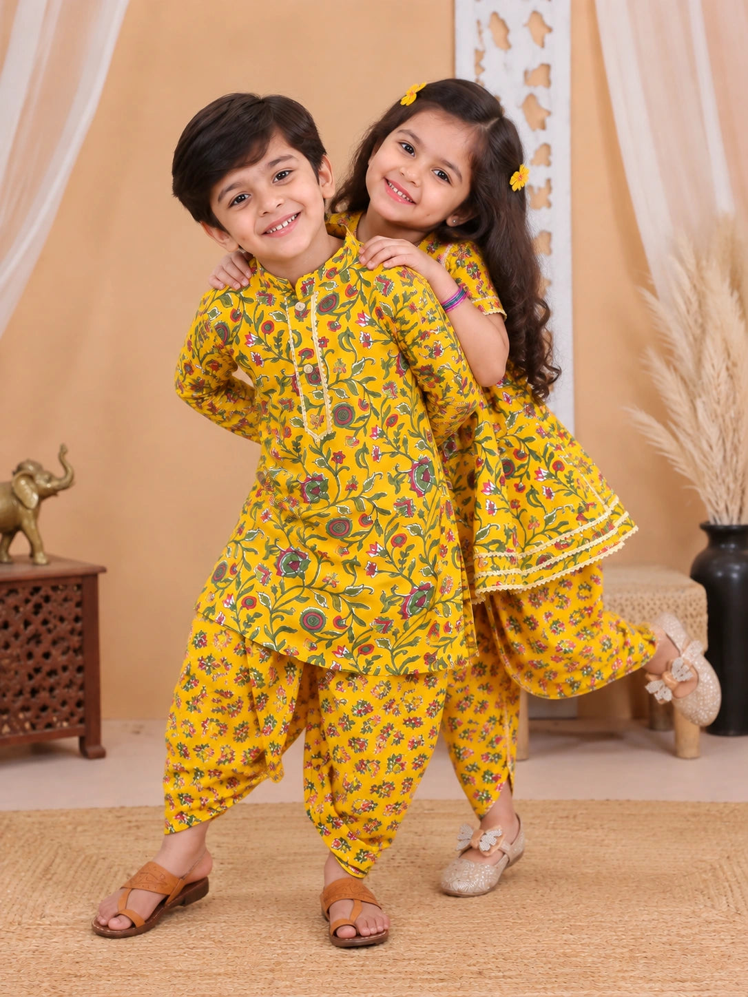 BownBee Sibling Set Pure Cotton Printed Kurta Dhoti with Pure Cotton Patch Top Dhoti