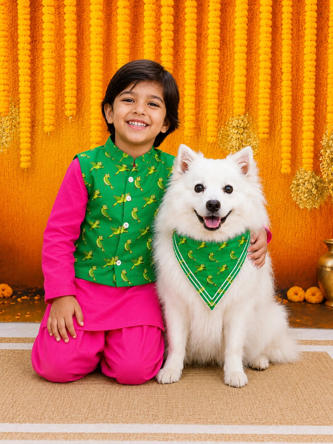 BownBee Pure Cotton Dhoti Kurta With Jacket & Bandana Set Combo