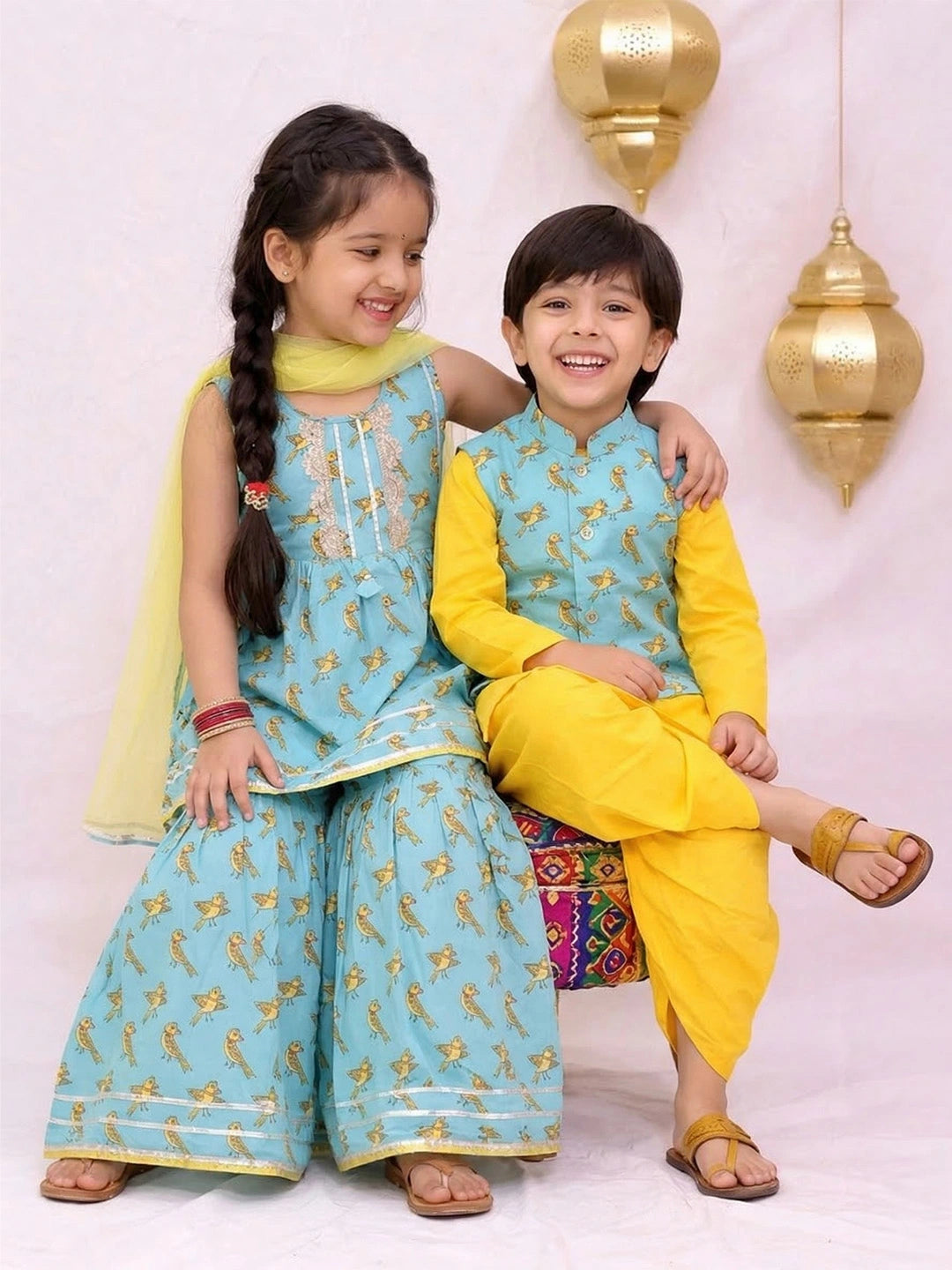 Bownbee Quirky Printed Dhoti Kurta Jacket With Ethnic Suit With Dupatta Sibling set