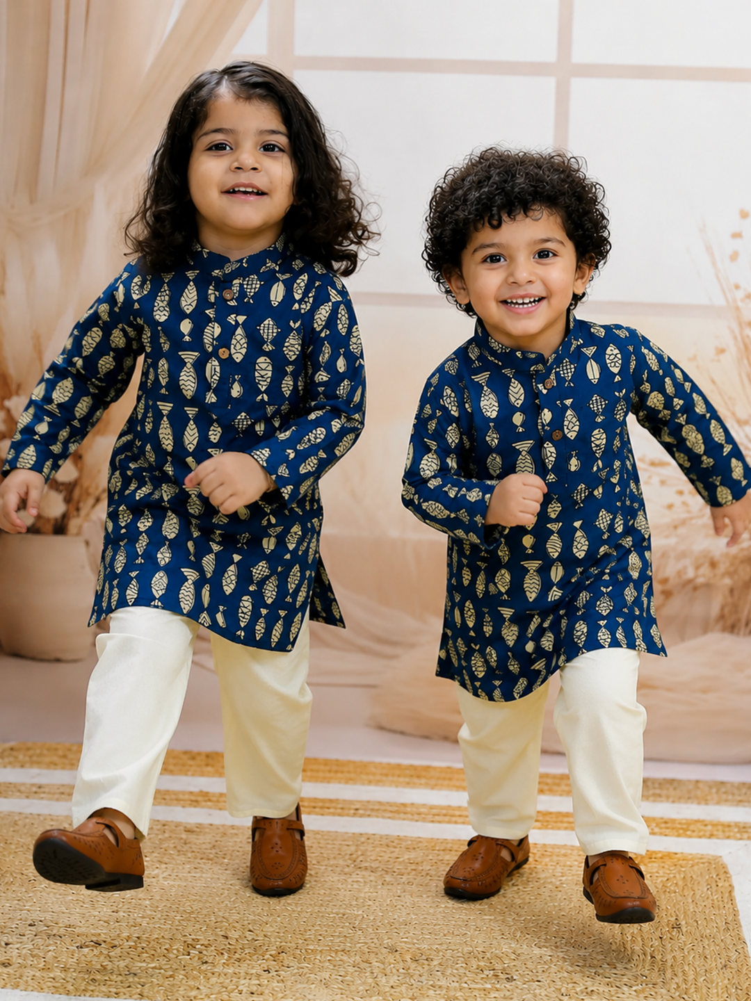BownBee Quirky Kurta Pajama Sibling Set Combo - Indigo