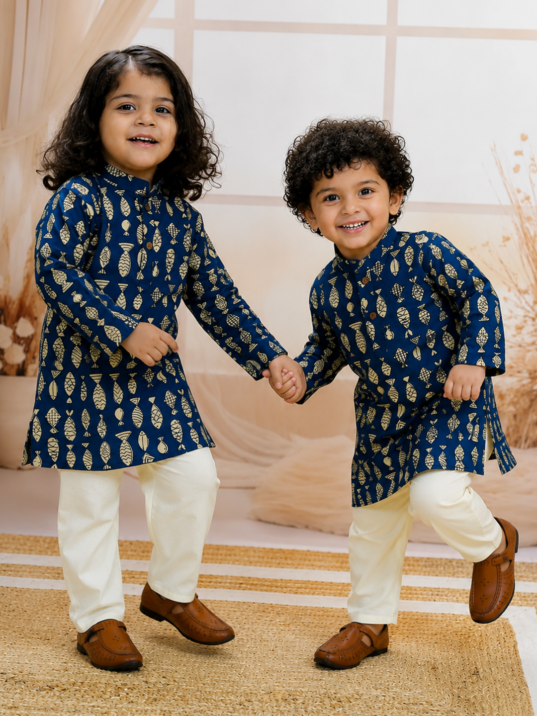 BownBee Quirky Kurta Pajama Sibling Set Combo - Indigo