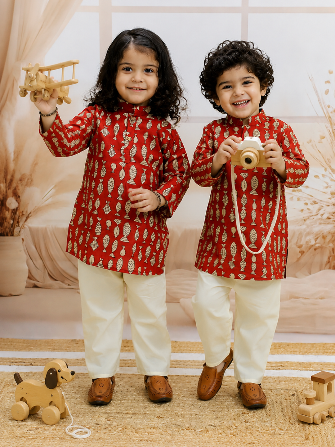 BownBee Quirky Kurta Pajama Sibling Set Combo - Maroon