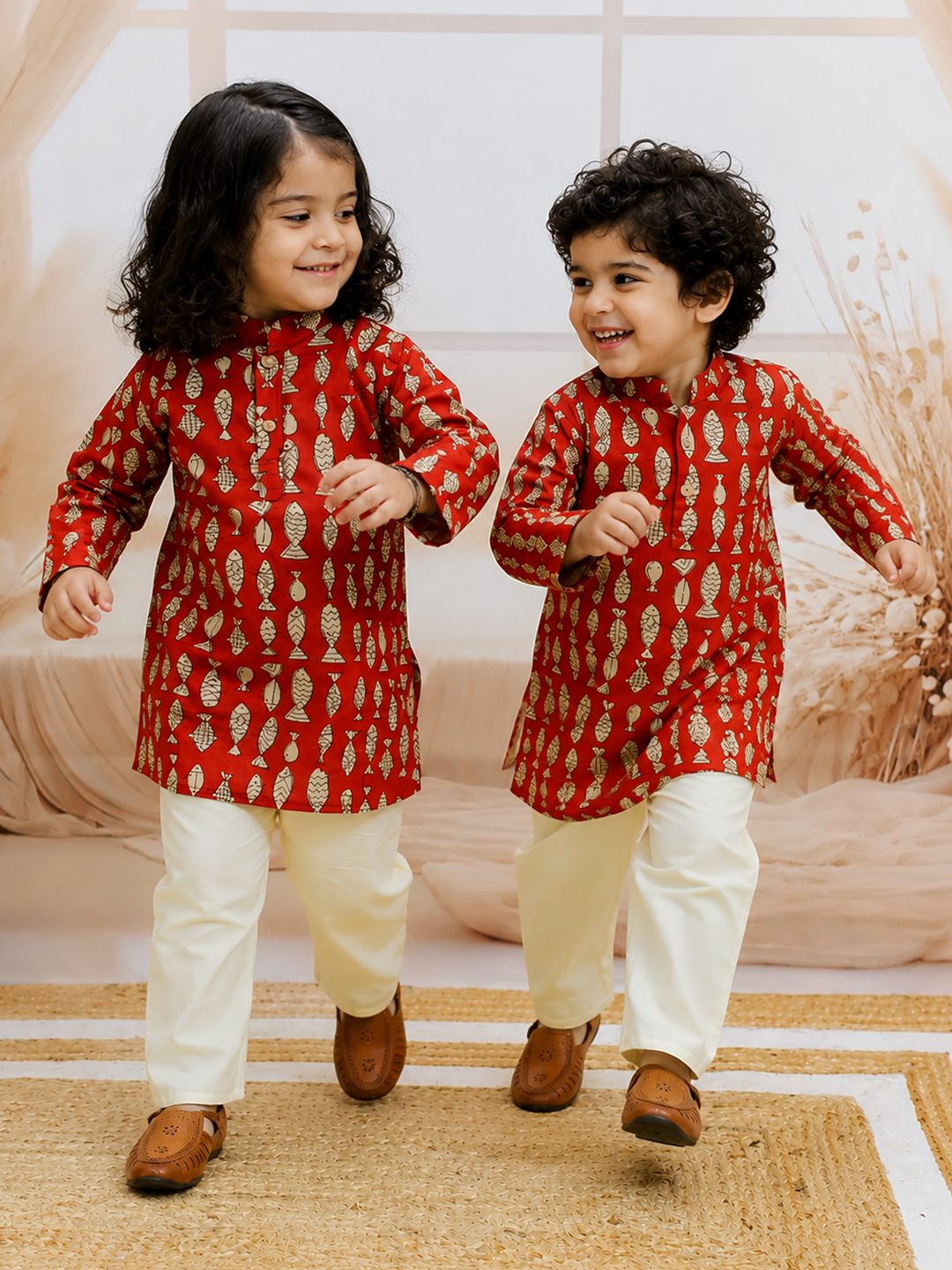 BownBee Quirky Kurta Pajama Sibling Set Combo - Maroon
