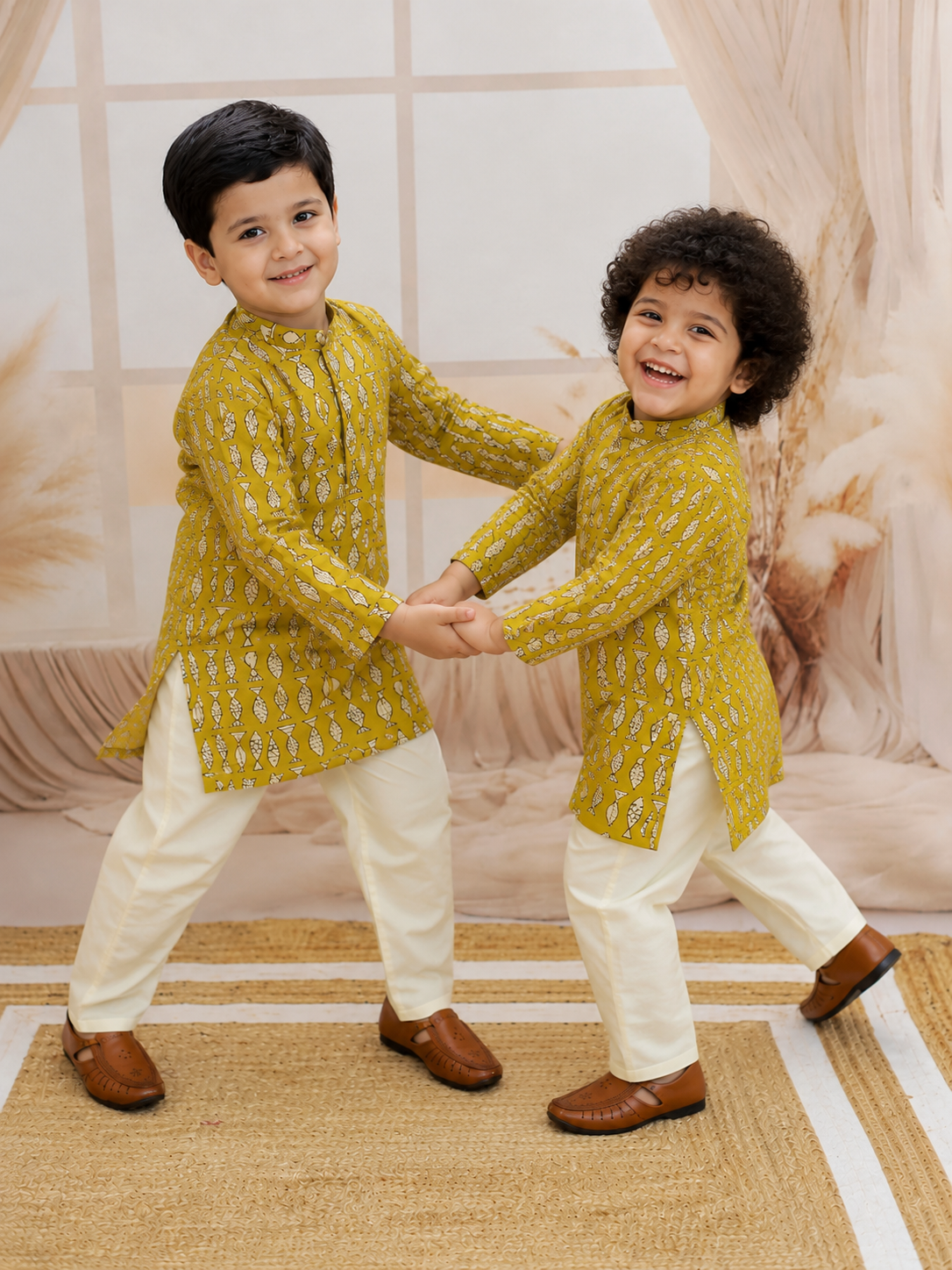 BownBee Quirky Kurta Pajama Sibling Set Combo - Yellow