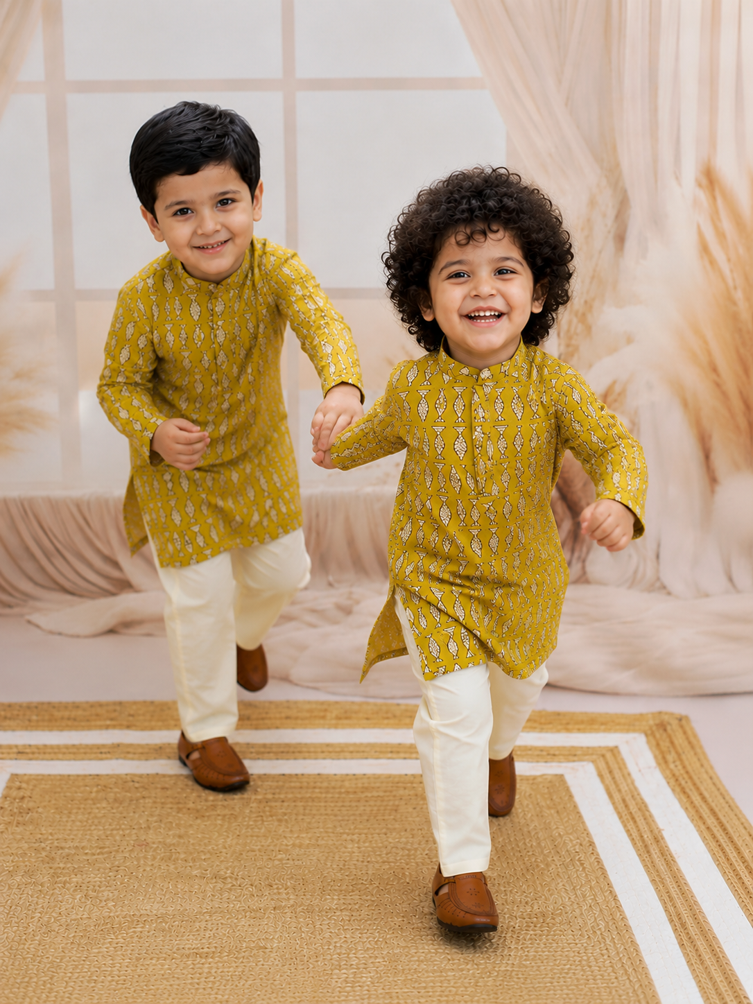 BownBee Quirky Kurta Pajama Sibling Set Combo - Yellow