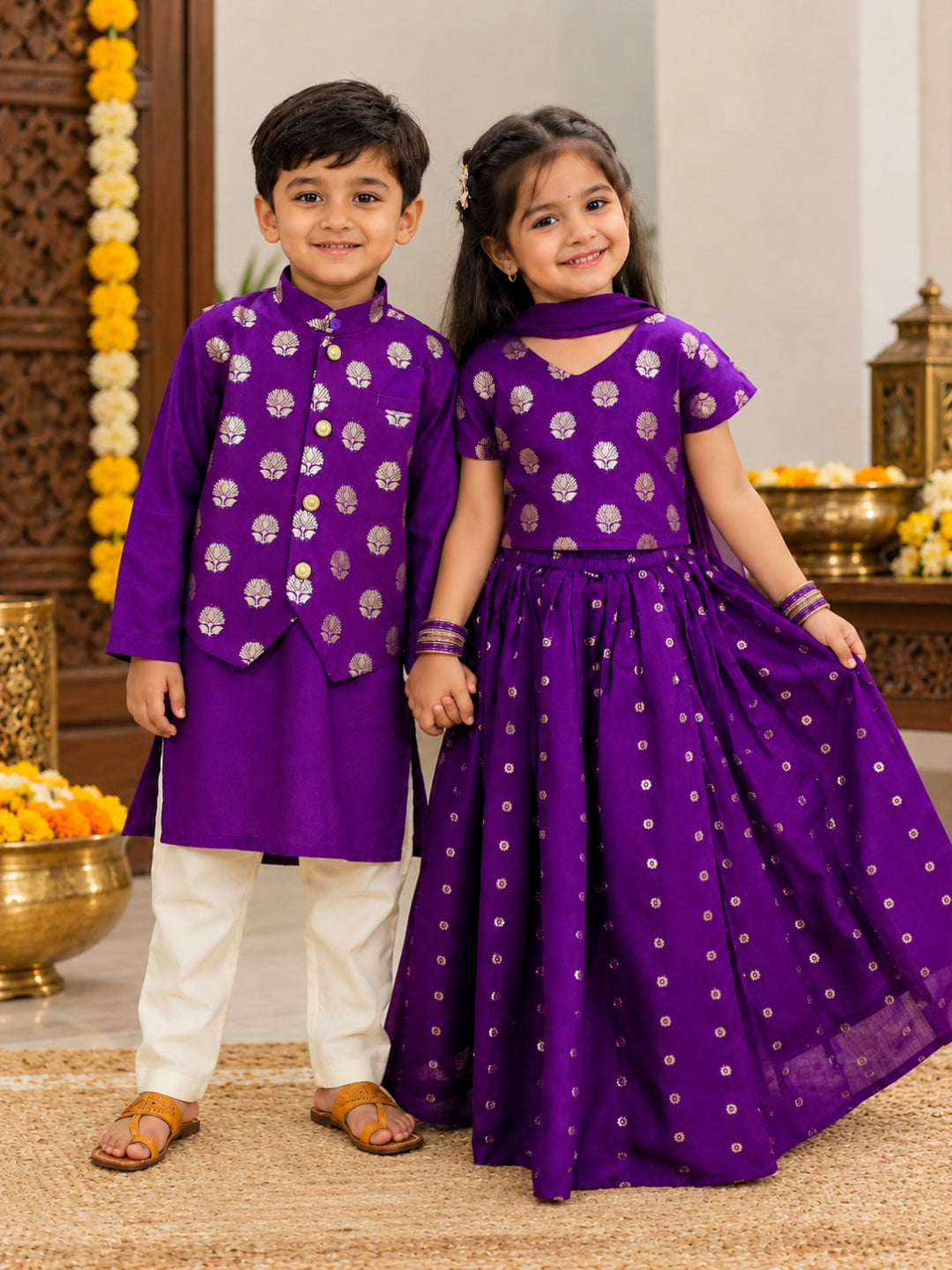 BownBee Chanderi Jacqurd Attached Jacket Kurta Pajama for Boys with Lehenga Choli Dupatta Set for Girls