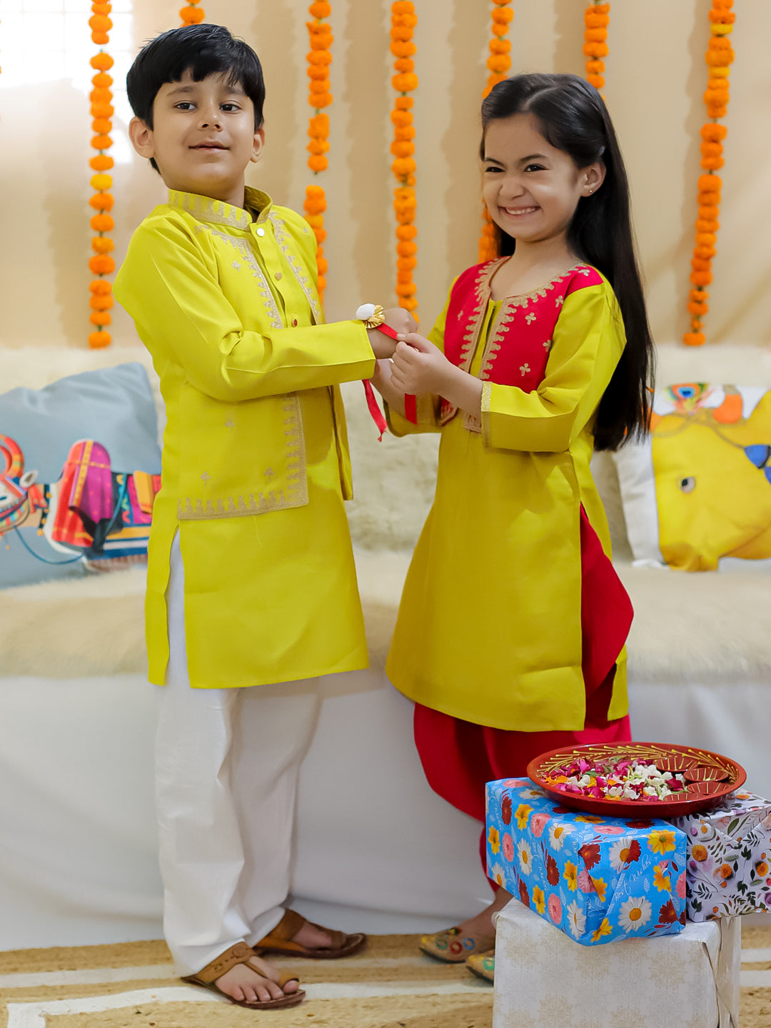 BownBee Sibling Set Embroidered Attached Jacket Kurta Pajama with Attached Jacket Kurti Dhoti