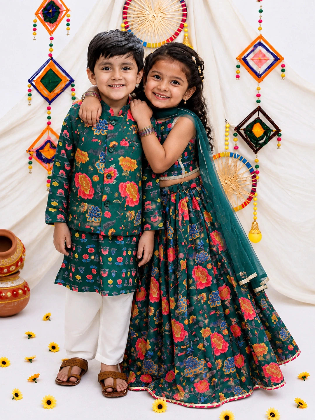 BownBee Pure Cotton Kurta Pajama with Jacket & Lehenga Choli With Dupatta Sibling Set