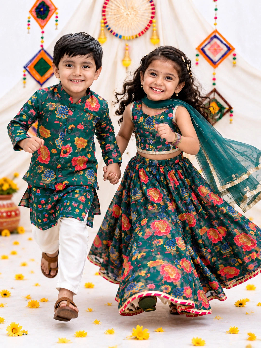 BownBee Pure Cotton Kurta Pajama with Jacket & Lehenga Choli With Dupatta Sibling Set