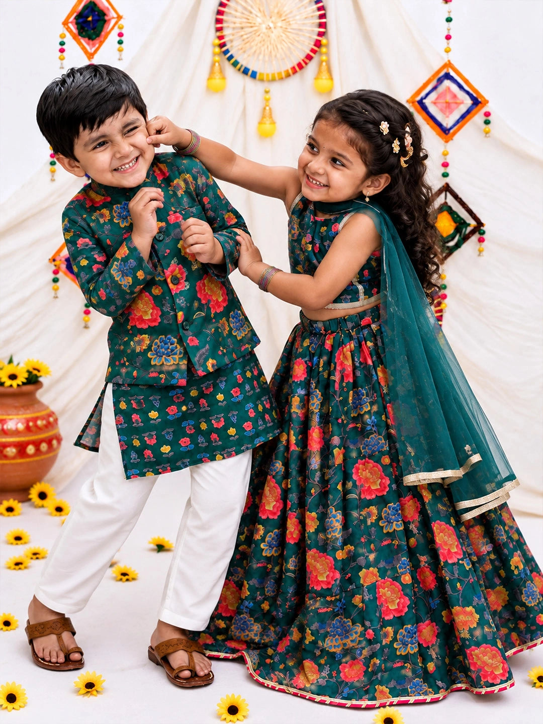 BownBee Pure Cotton Kurta Pajama with Jacket & Lehenga Choli With Dupatta Sibling Set