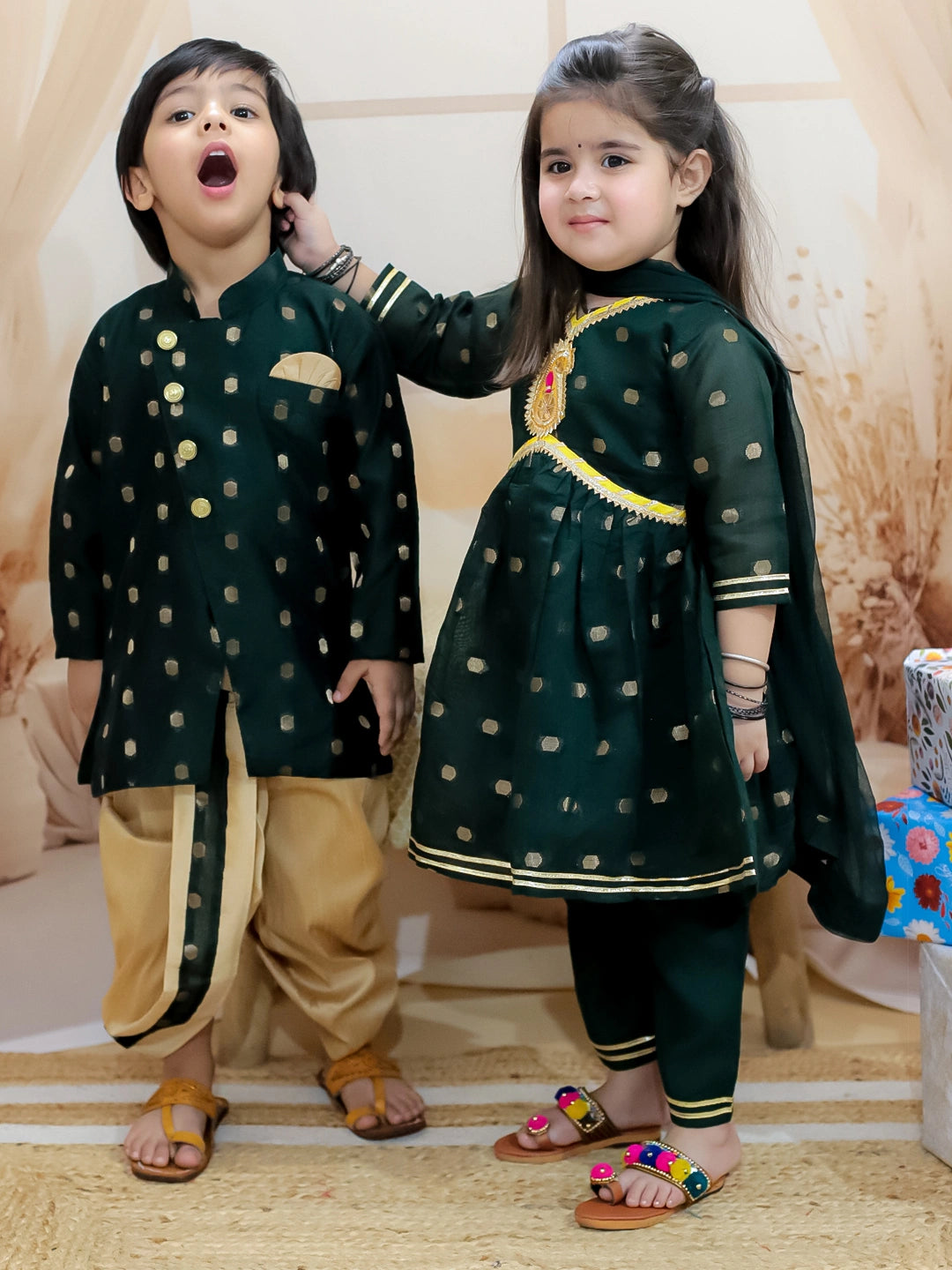 BownBee Sibling Set Chanderi Booti Front Open Sherwani Dhoti with Kurti Pant Dupatta