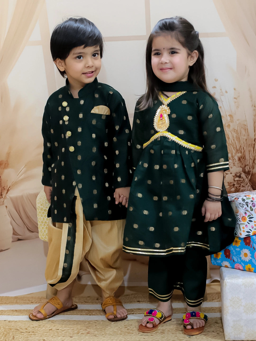BownBee Sibling Set Chanderi Booti Front Open Sherwani Dhoti with Kurti Pant Dupatta