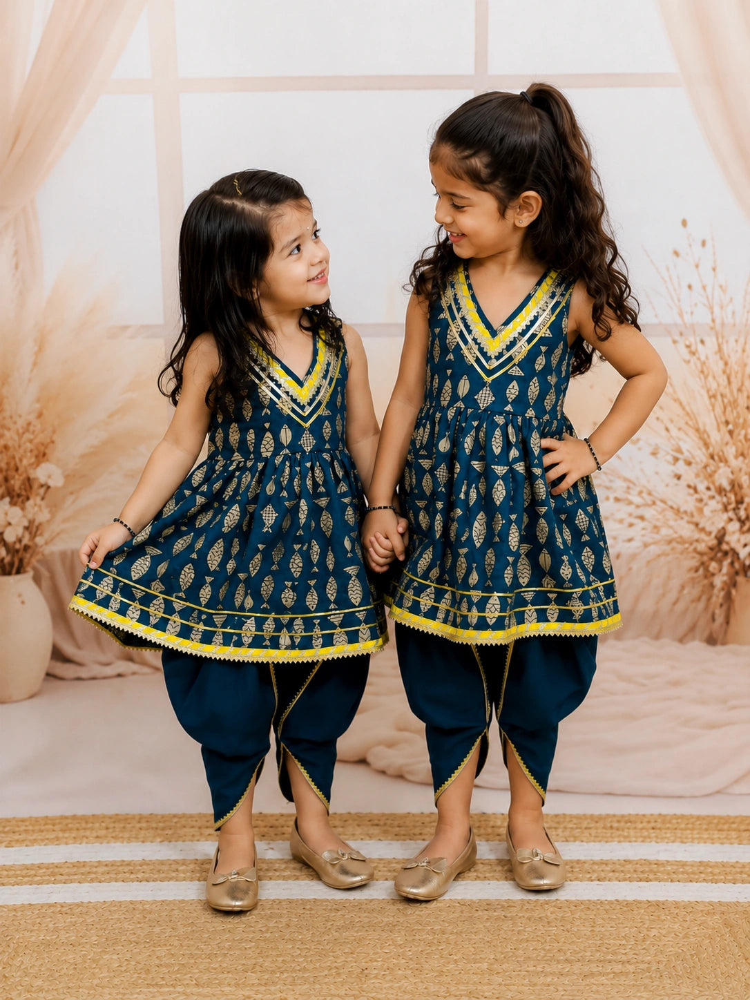 BownBee Pure Cotton Ethnic suit Sibling Set Combo - Indigo