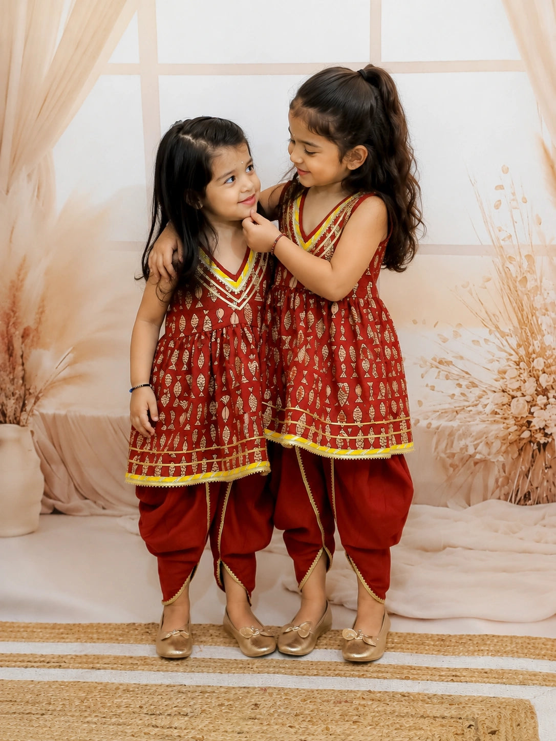 BownBee Pure Cotton Ethnic suit Sibling Set Combo - Maroon