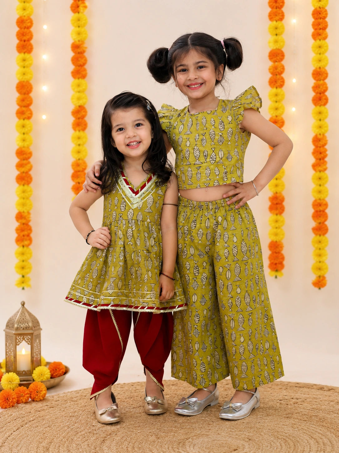 Pure Cotton Ethnic suit & Top With Flared Pants Sibling Set Yellow & Mustard Combo