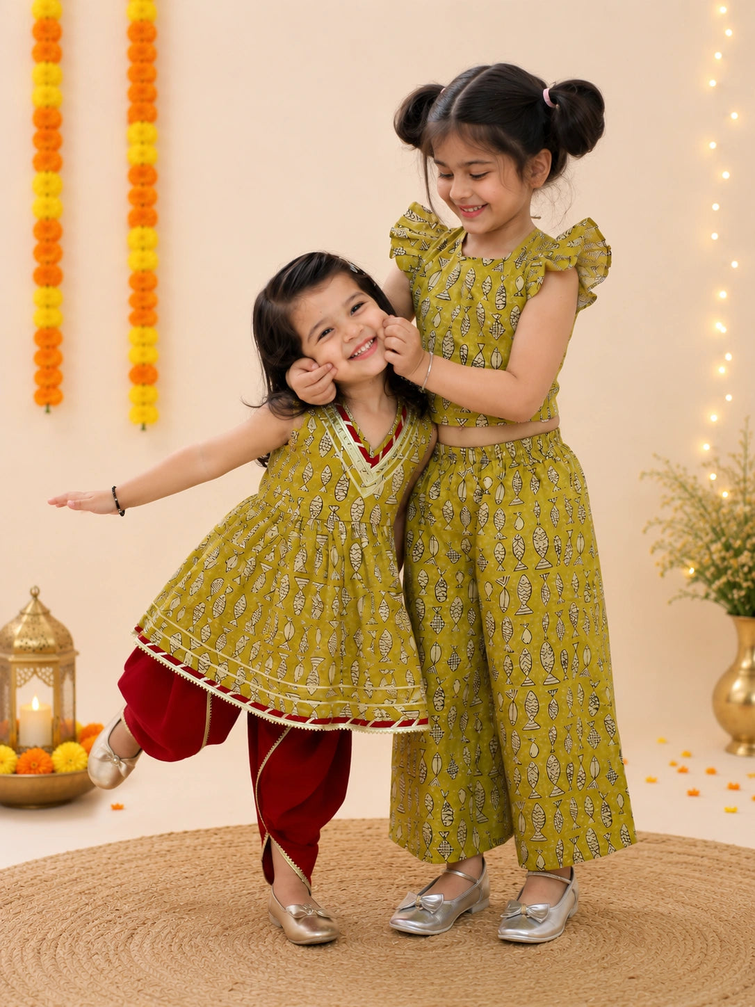 Pure Cotton Ethnic suit & Top With Flared Pants Sibling Set Yellow & Mustard Combo