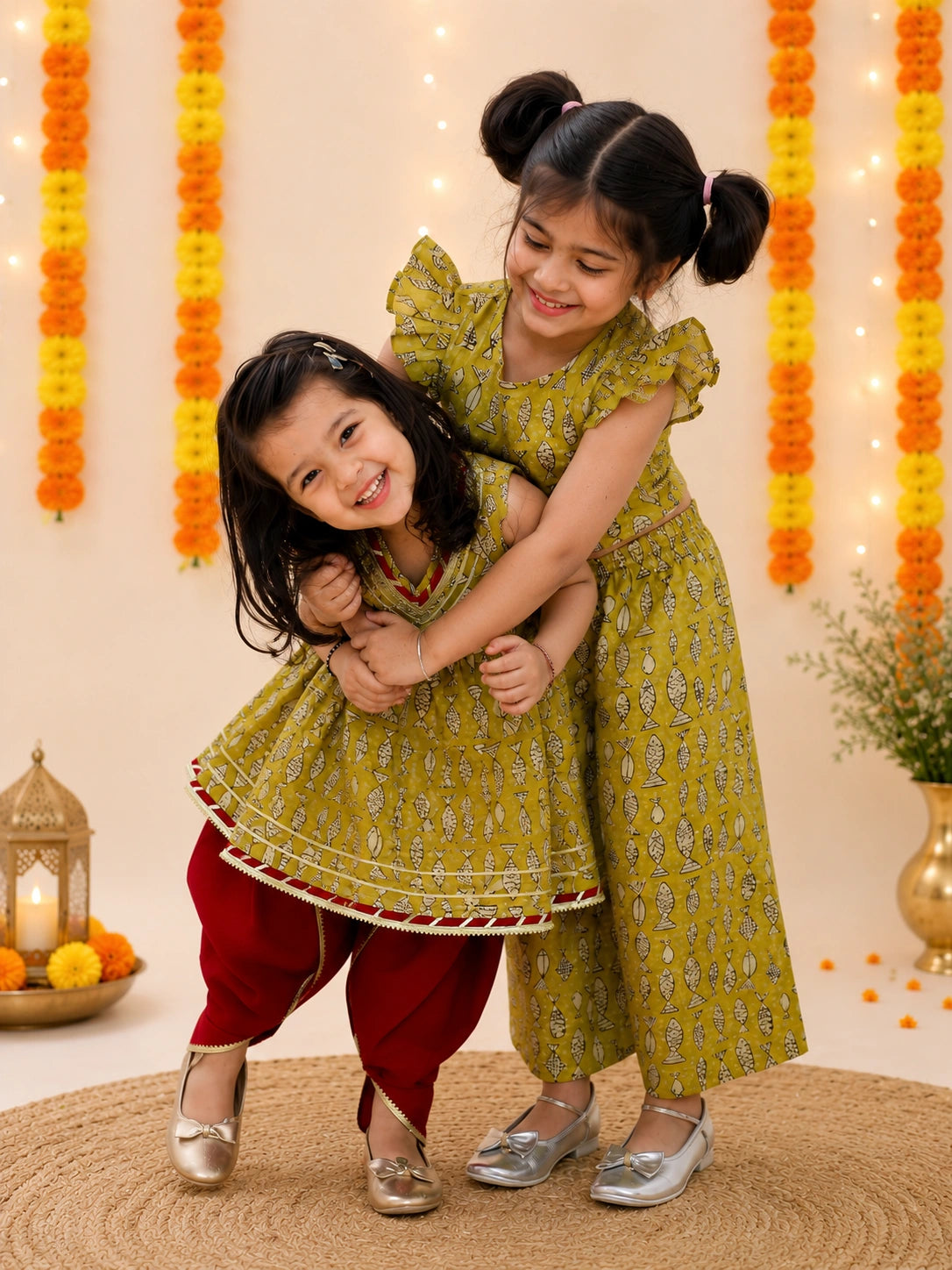 Pure Cotton Ethnic suit & Top With Flared Pants Sibling Set Yellow & Mustard Combo