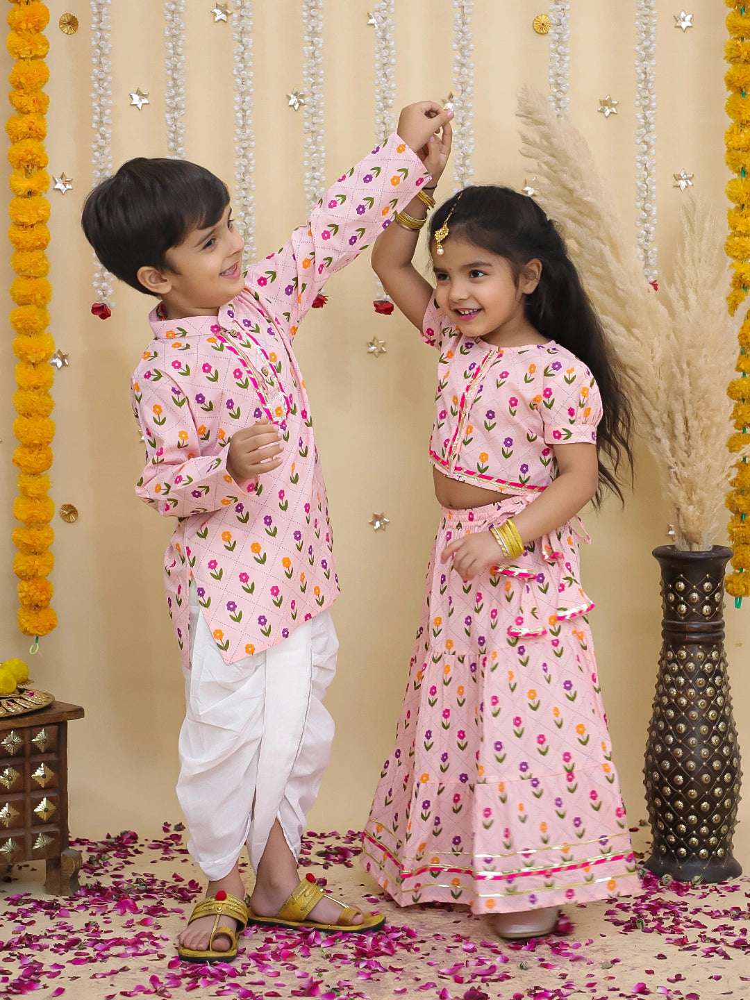 BownBee Pure Cotton Dhoti Kurta & Lehenga Choli Sibling Set