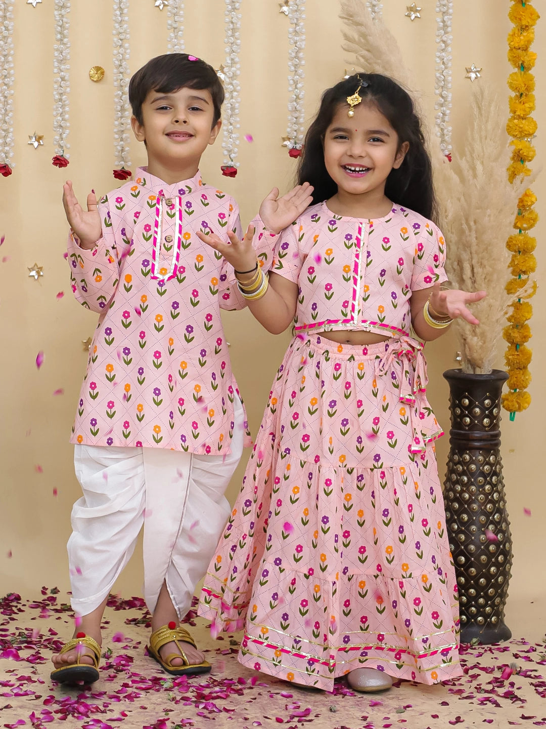 BownBee Pure Cotton Dhoti Kurta & Lehenga Choli Sibling Set