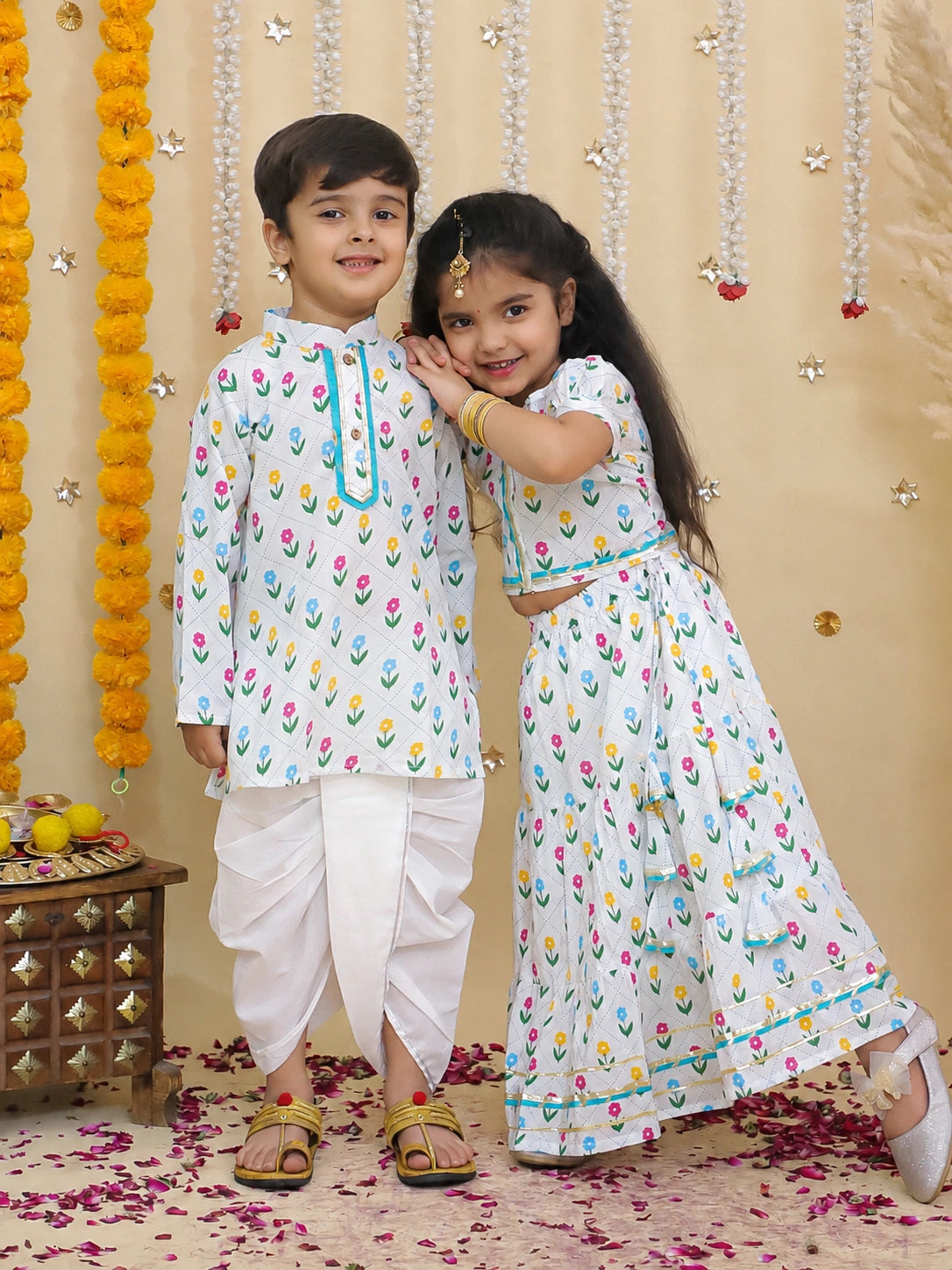 BownBee Pure Cotton Dhoti Kurta & Lehenga Choli Sibling Set
