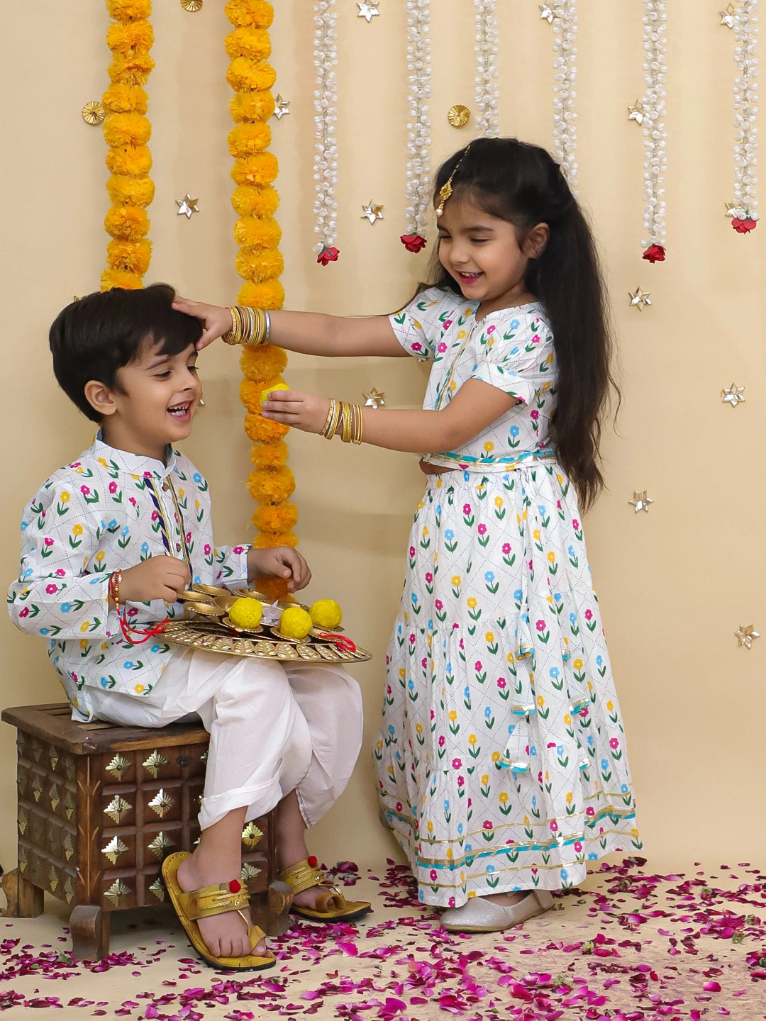 BownBee Pure Cotton Dhoti Kurta & Lehenga Choli Sibling Set
