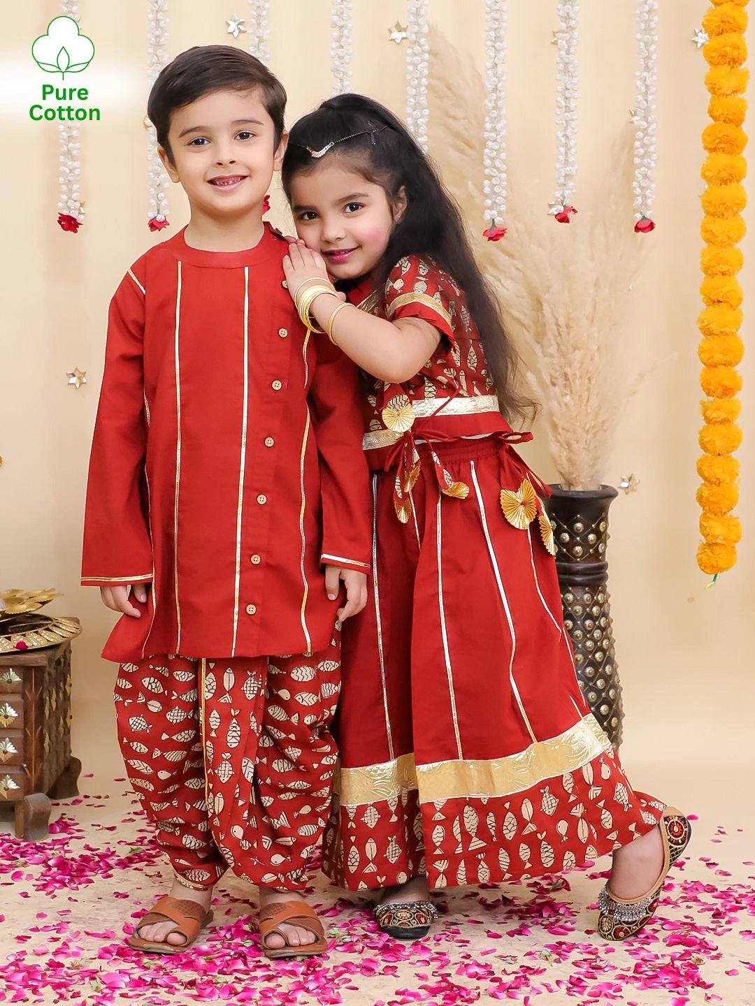 BownBee Pure Cotton Dhoti Kurta & Lehenga Choli Sibling Set