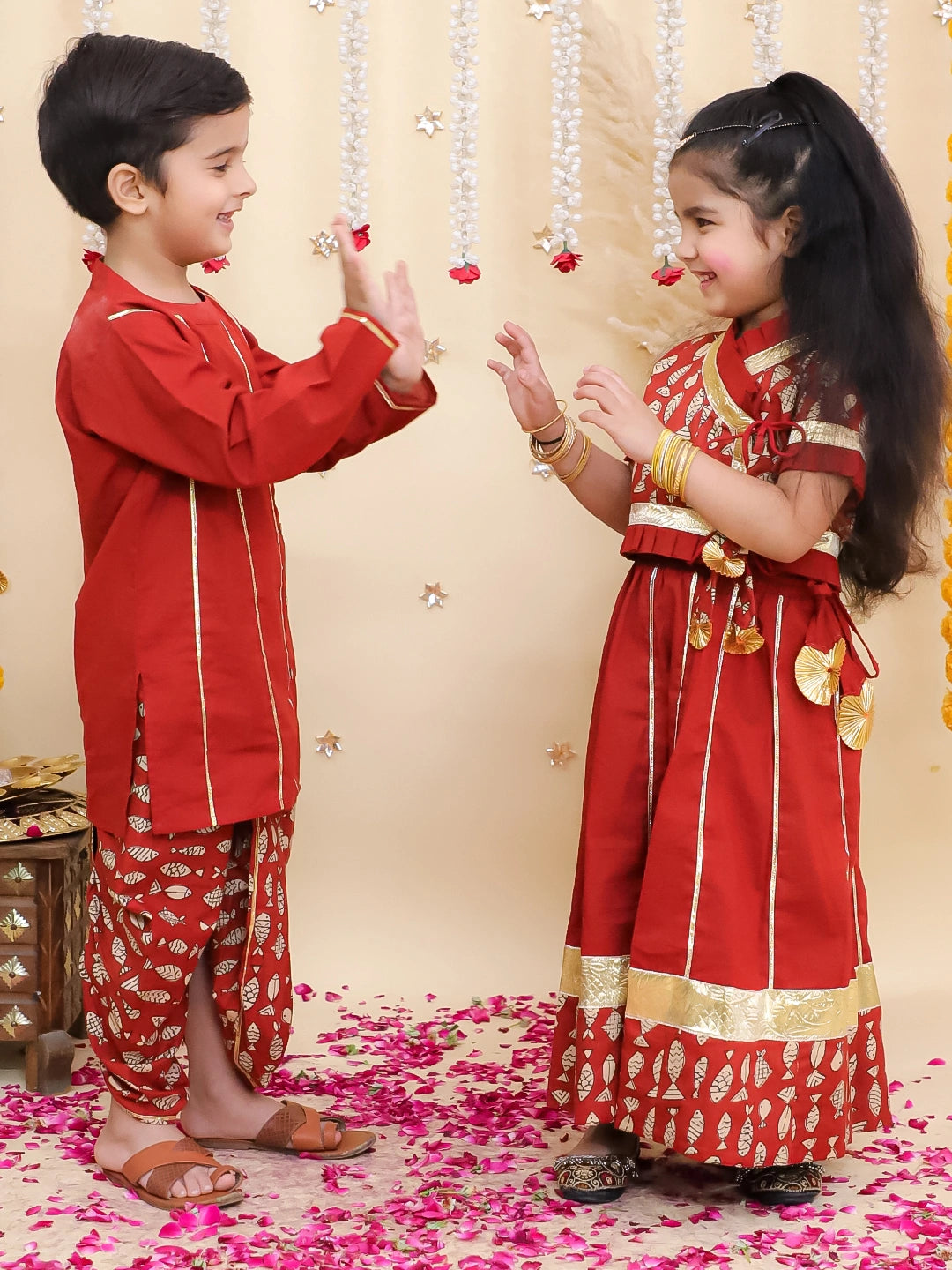 BownBee Pure Cotton Dhoti Kurta & Lehenga Choli Sibling Set