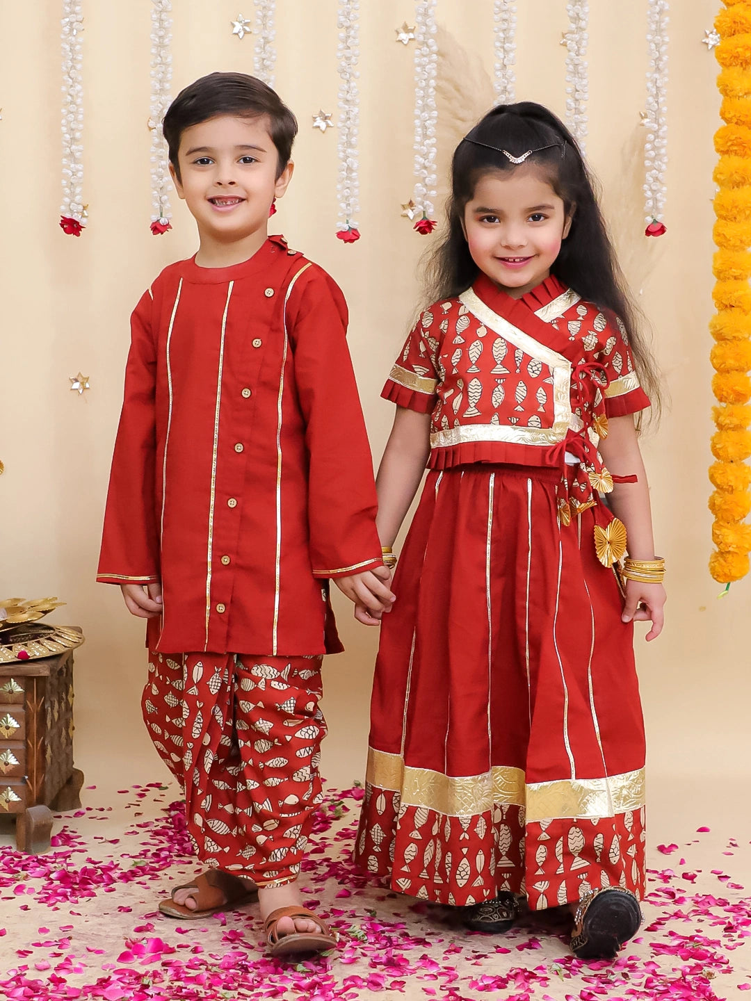 BownBee Pure Cotton Dhoti Kurta & Lehenga Choli Sibling Set