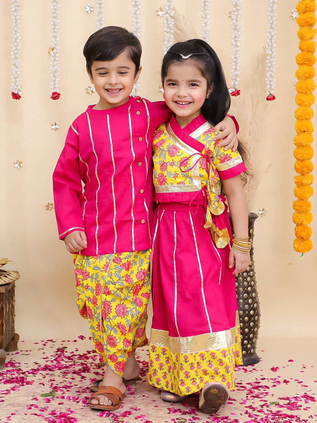 BownBee Pure Cotton Dhoti Kurta & Lehenga Choli Sibling Set