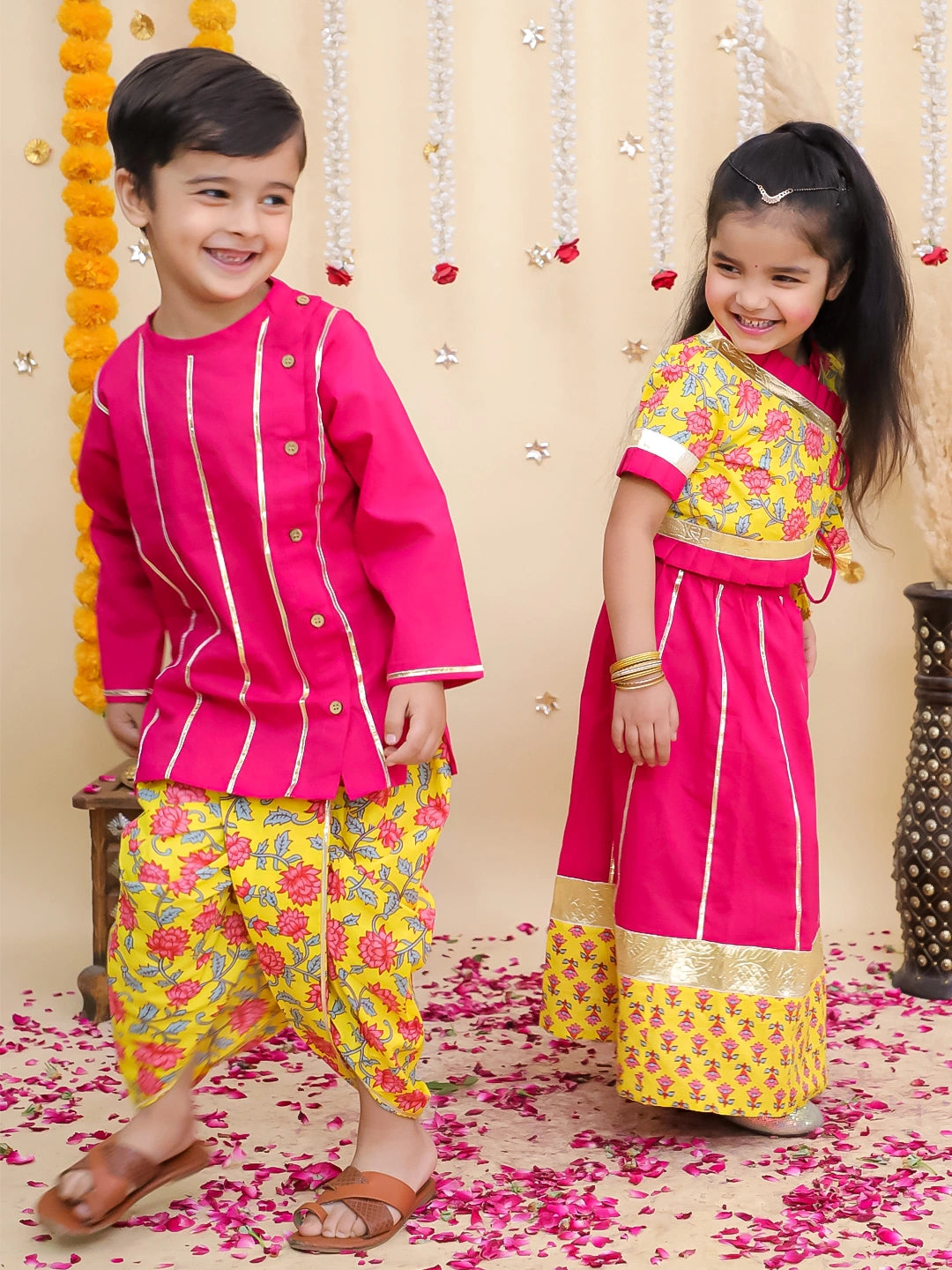 BownBee Pure Cotton Dhoti Kurta & Lehenga Choli Sibling Set