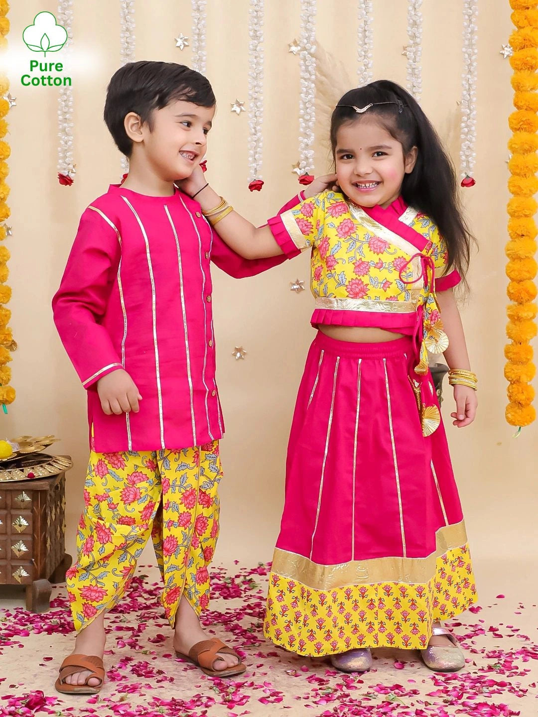 BownBee Pure Cotton Dhoti Kurta & Lehenga Choli Sibling Set