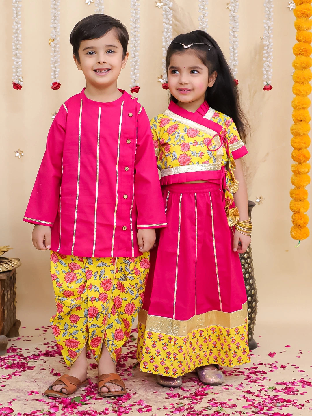 BownBee Pure Cotton Dhoti Kurta & Lehenga Choli Sibling Set