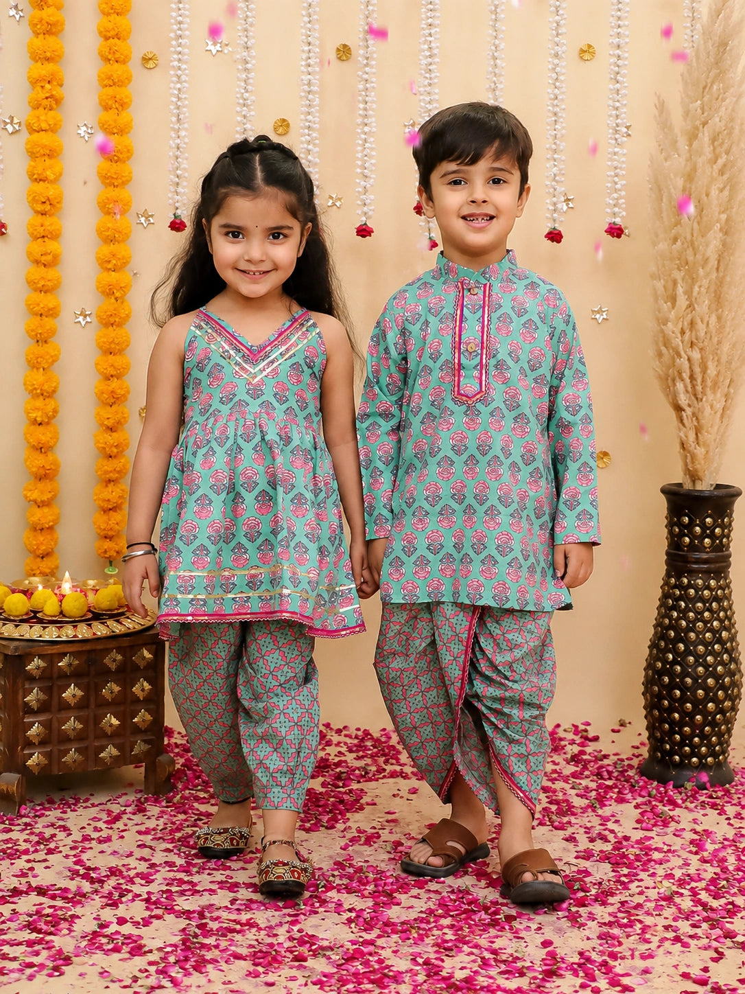 BownBee Pure Cotton Dhoti Kurta & Halter Kurti With Harem Sibling Set