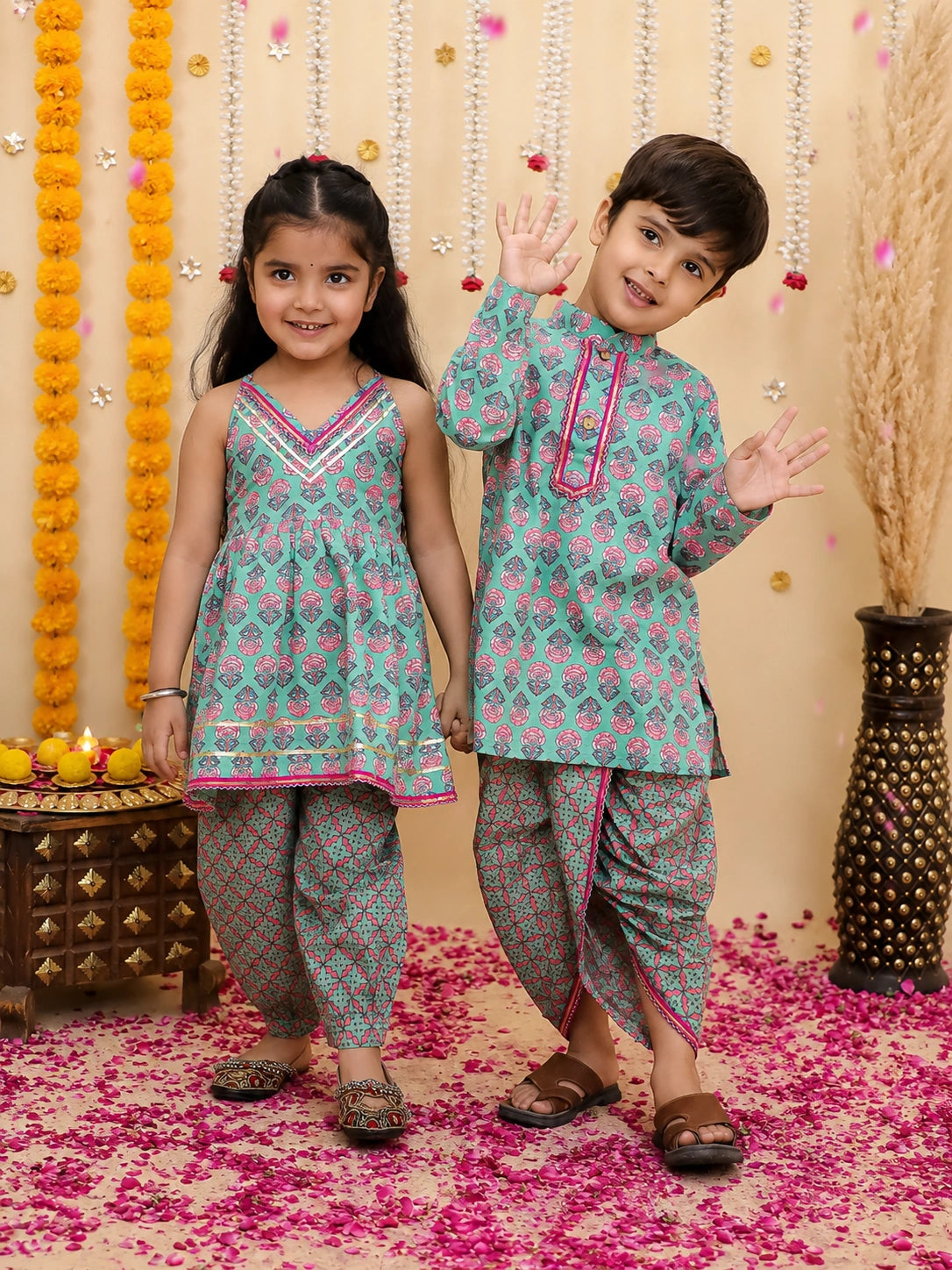 BownBee Pure Cotton Dhoti Kurta & Halter Kurti With Harem Sibling Set