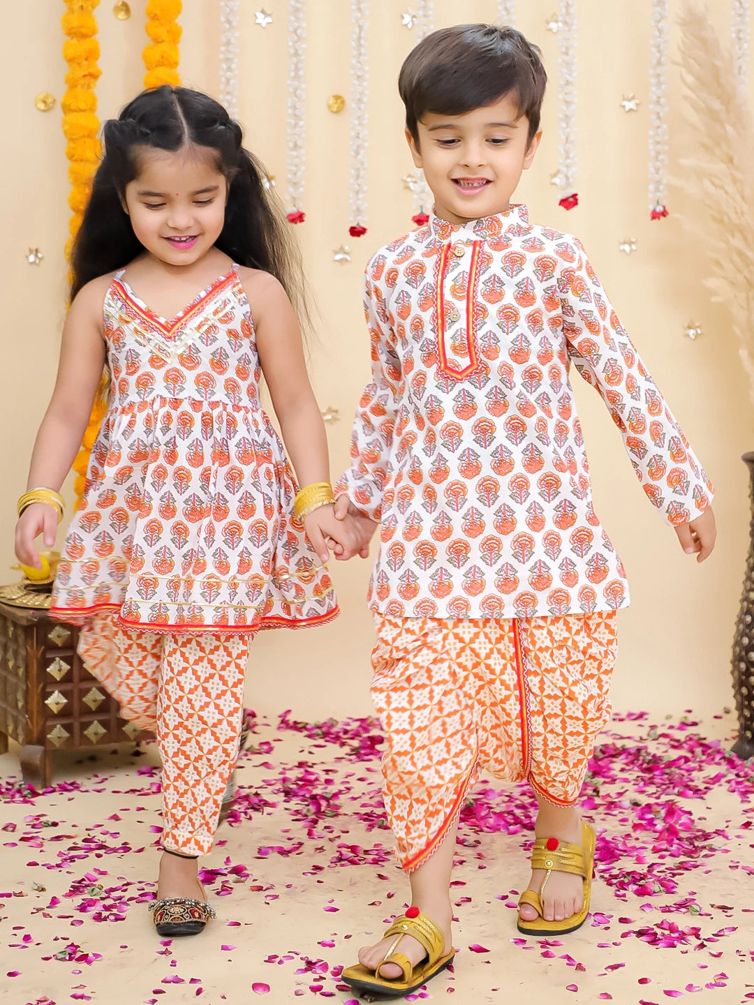BownBee Pure Cotton Dhoti Kurta & Halter Kurti With Harem Sibling Set