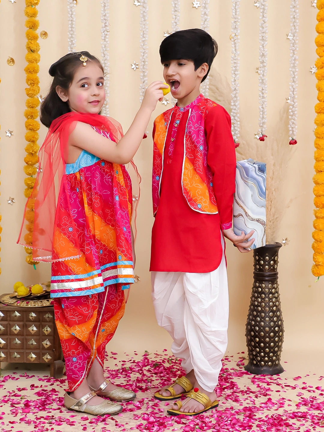 BownBee Pure Cotton Dhoti Kurta With Attached Jacket & Ethnic Suit With Dupatta Sibling Set