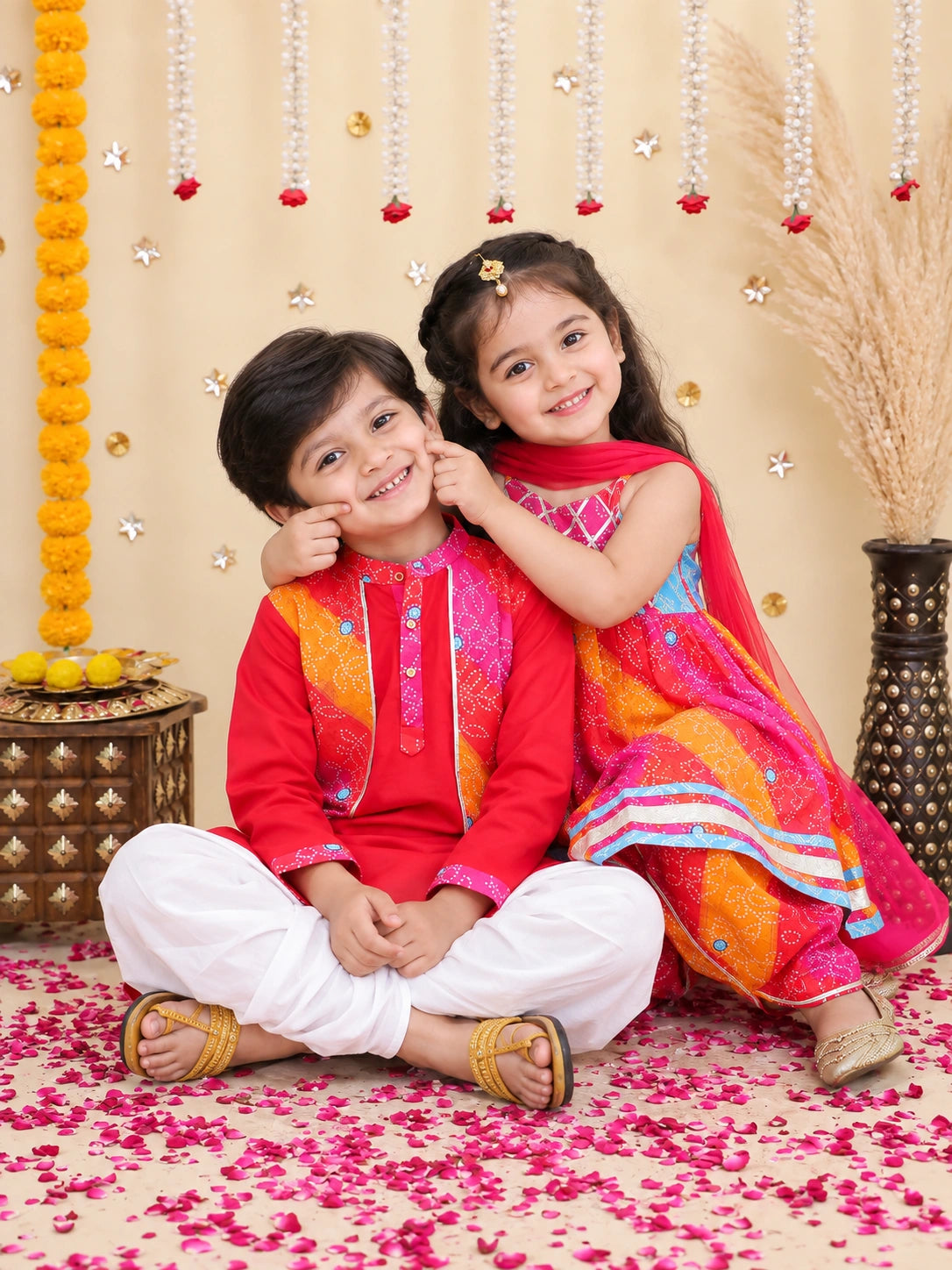 BownBee Pure Cotton Dhoti Kurta With Attached Jacket & Ethnic Suit With Dupatta Sibling Set