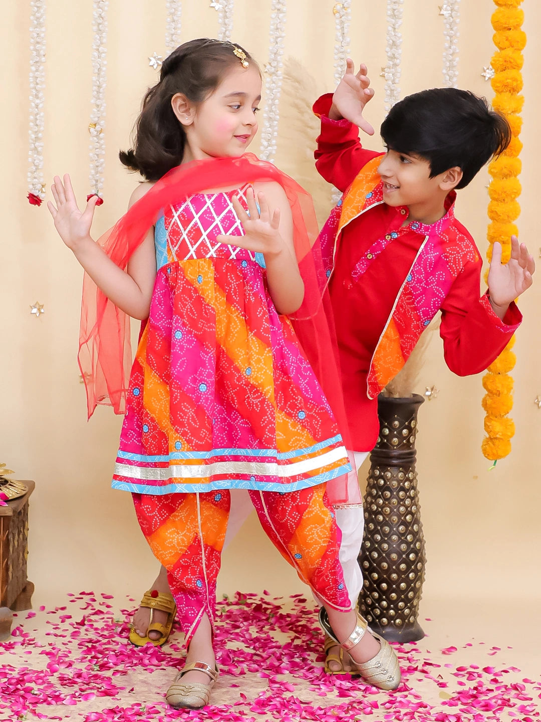 BownBee Pure Cotton Dhoti Kurta With Attached Jacket & Ethnic Suit With Dupatta Sibling Set