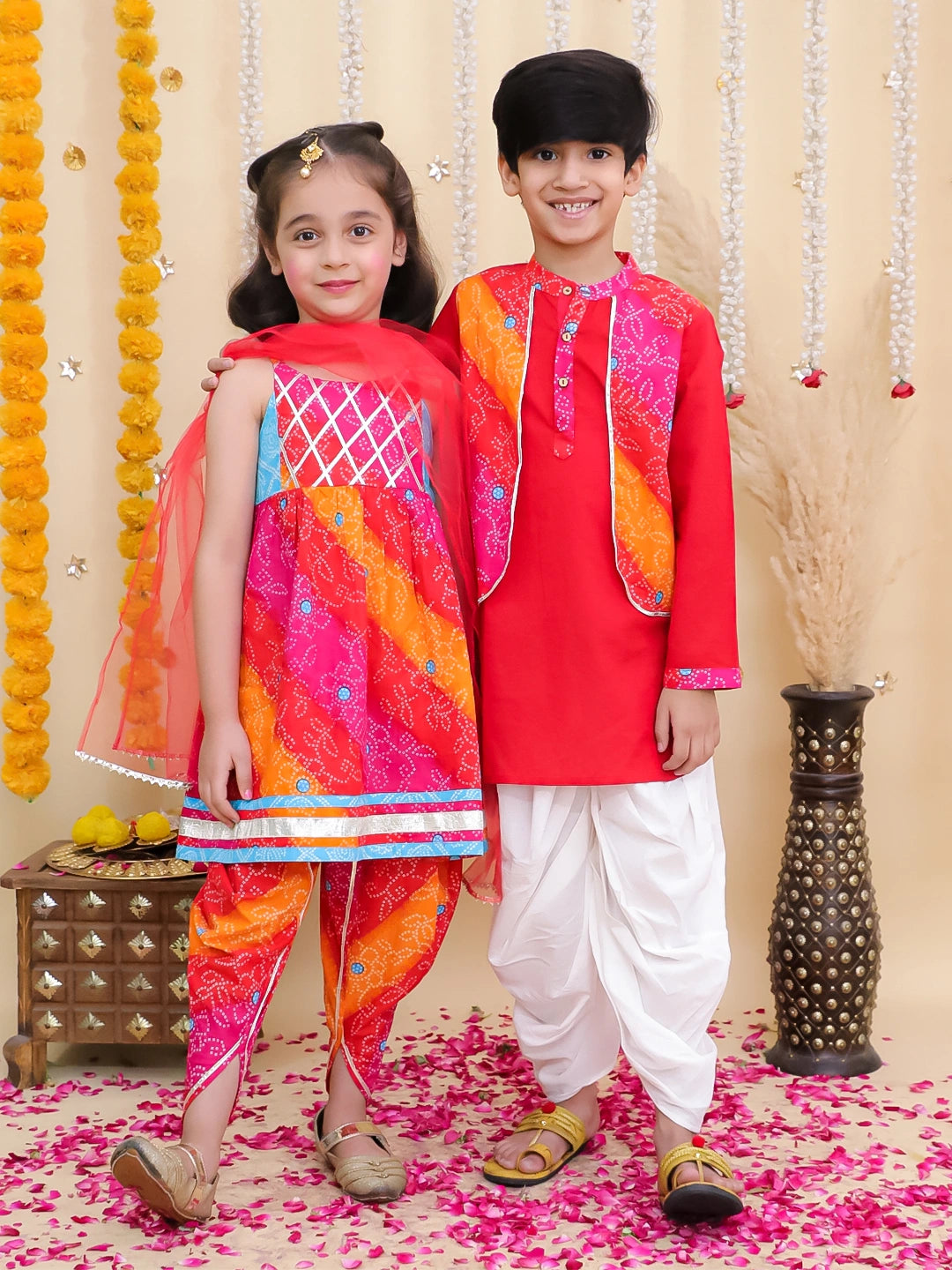 BownBee Pure Cotton Dhoti Kurta With Attached Jacket & Ethnic Suit With Dupatta Sibling Set