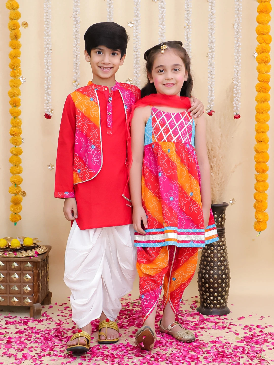 BownBee Pure Cotton Dhoti Kurta With Attached Jacket & Ethnic Suit With Dupatta Sibling Set