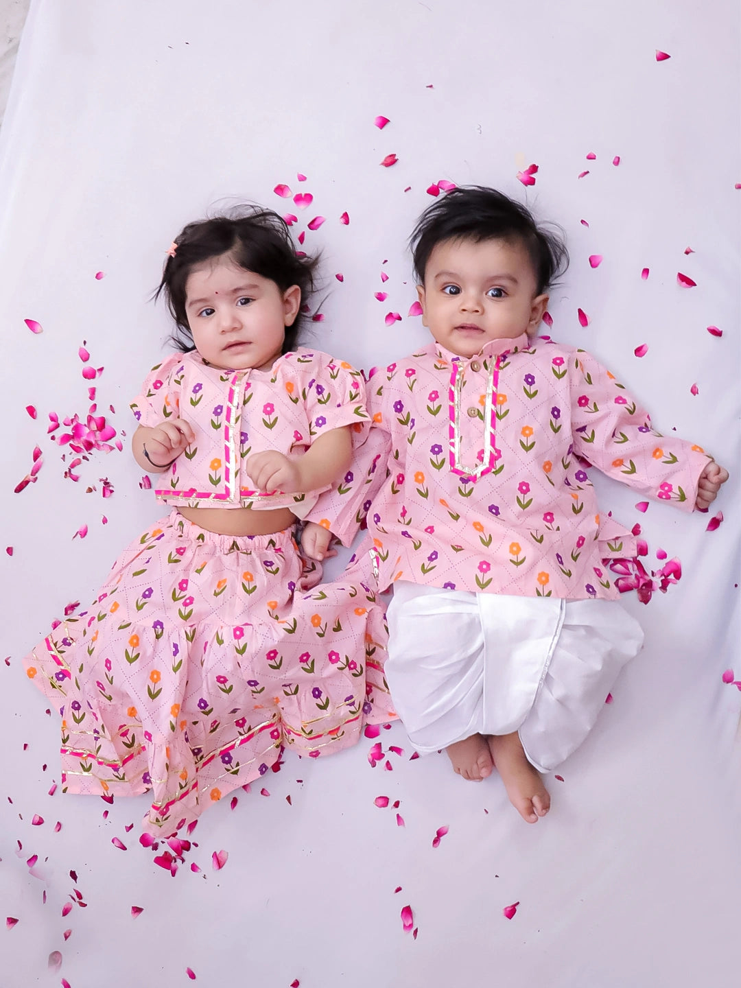 BownBee Pure Cotton Dhoti Kurta & Lehenga Choli Infant Sibling Set