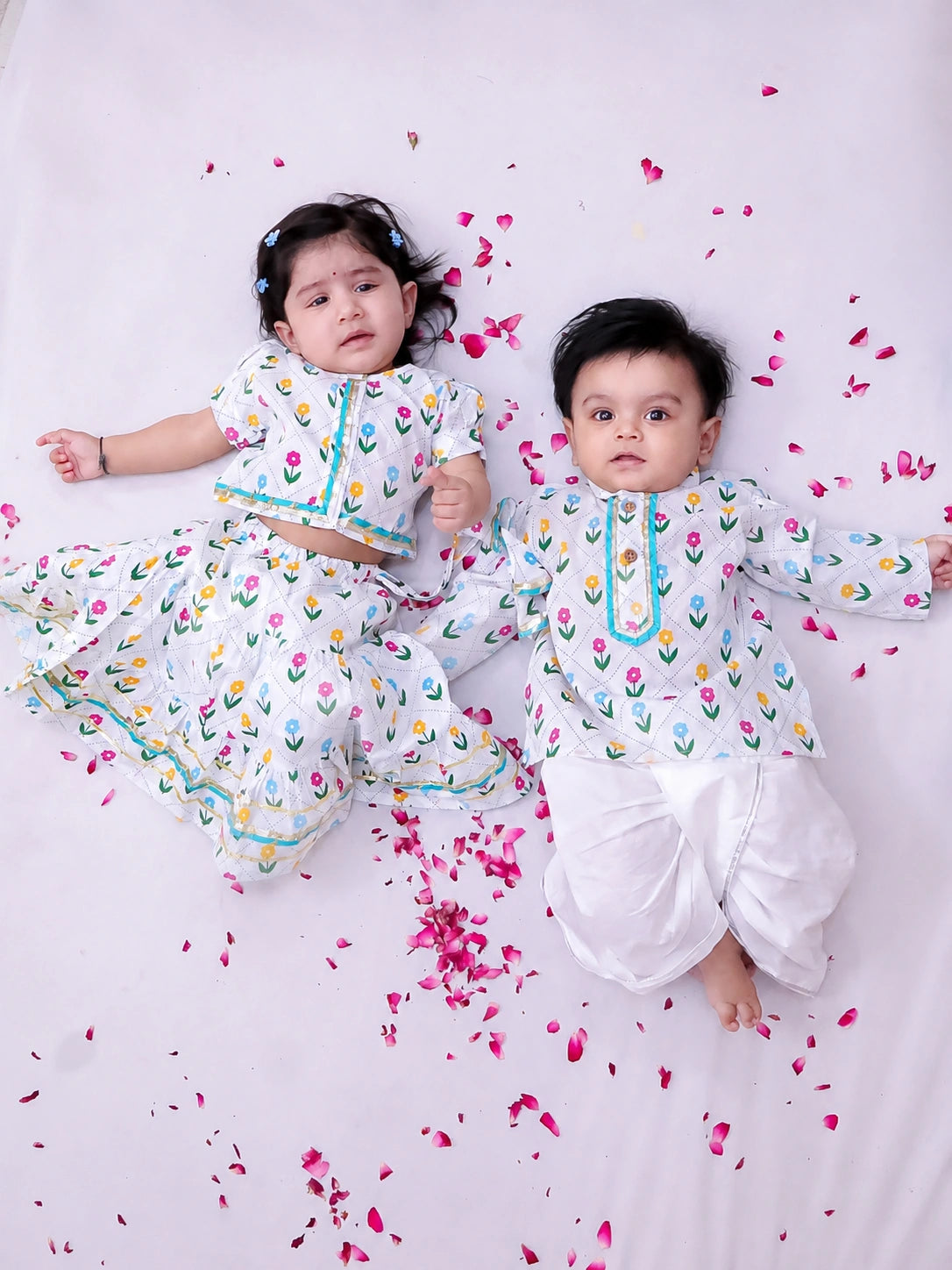 BownBee Pure Cotton Dhoti Kurta & Lehenga Choli Infant Sibling Set