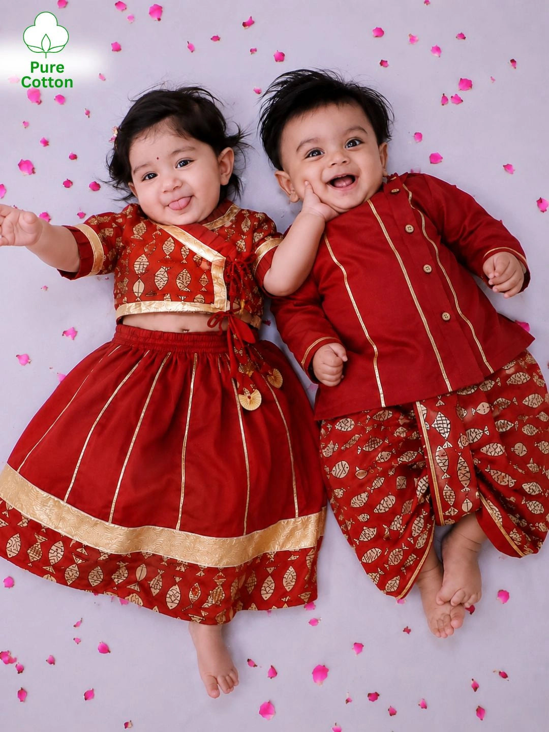 BownBee Pure Cotton Dhoti Kurta & Lehenga Choli Infant Sibling Set