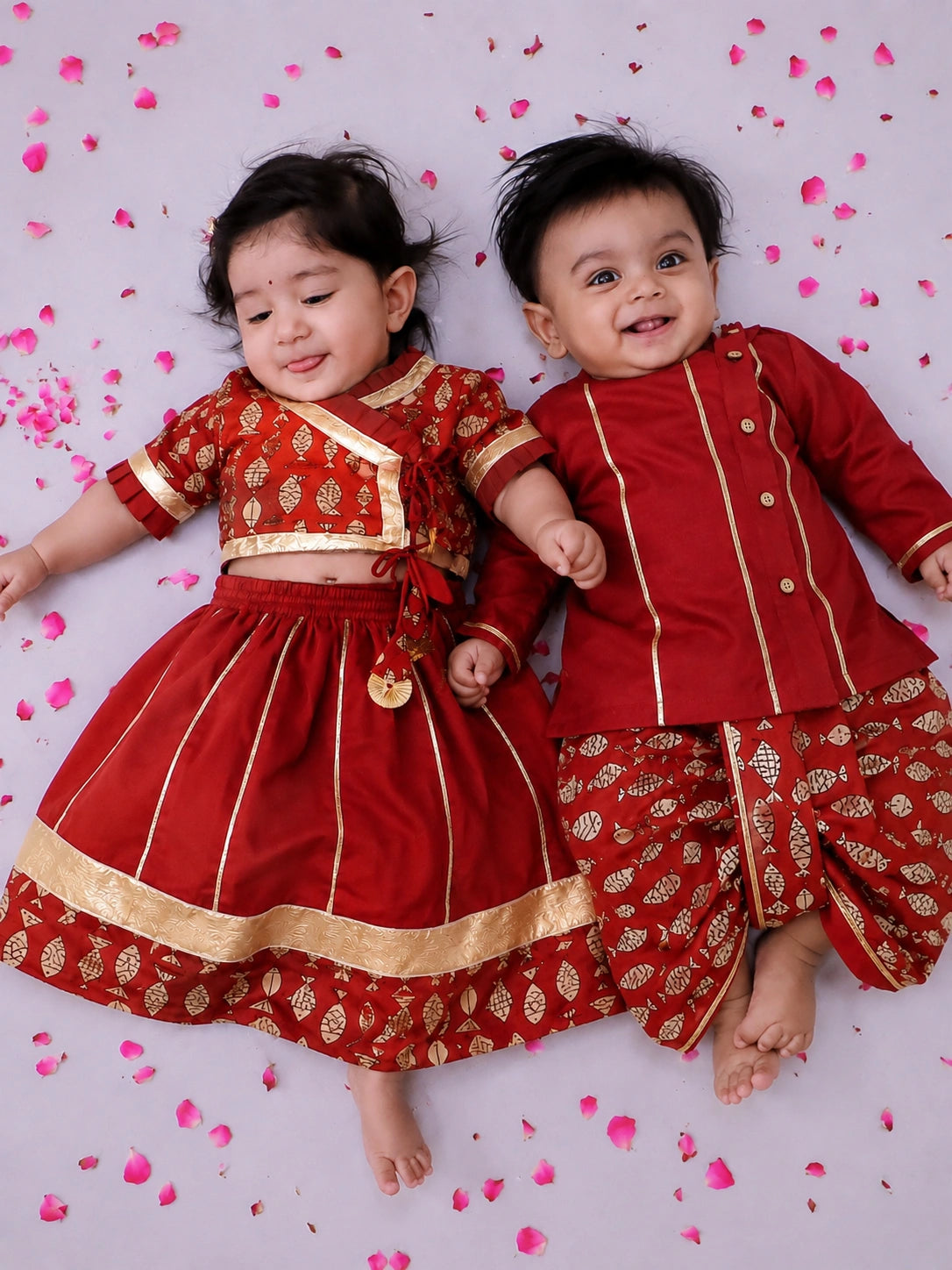 BownBee Pure Cotton Dhoti Kurta & Lehenga Choli Infant Sibling Set