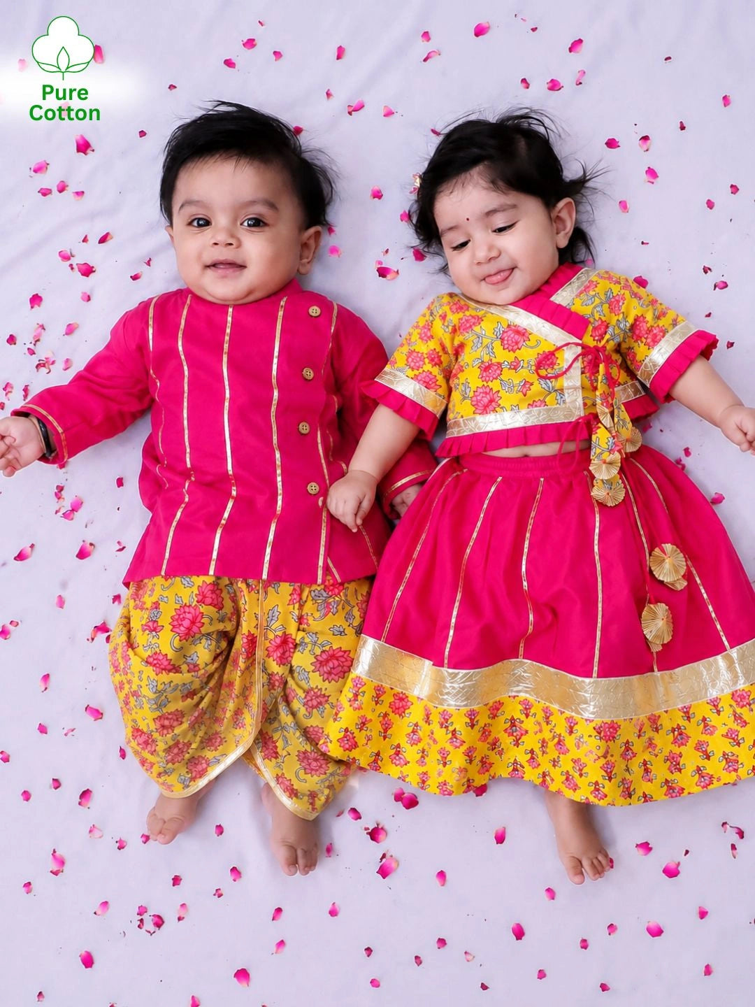 BownBee Pure Cotton Dhoti Kurta & Lehenga Choli Infant Sibling Set