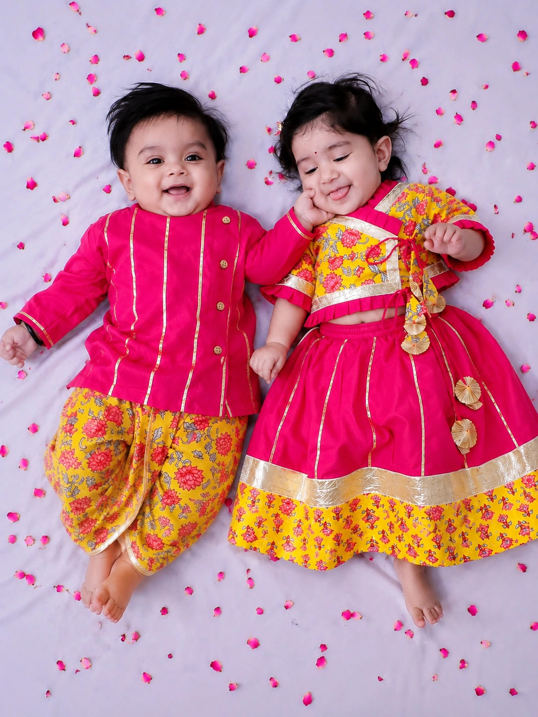 BownBee Pure Cotton Dhoti Kurta & Lehenga Choli Infant Sibling Set
