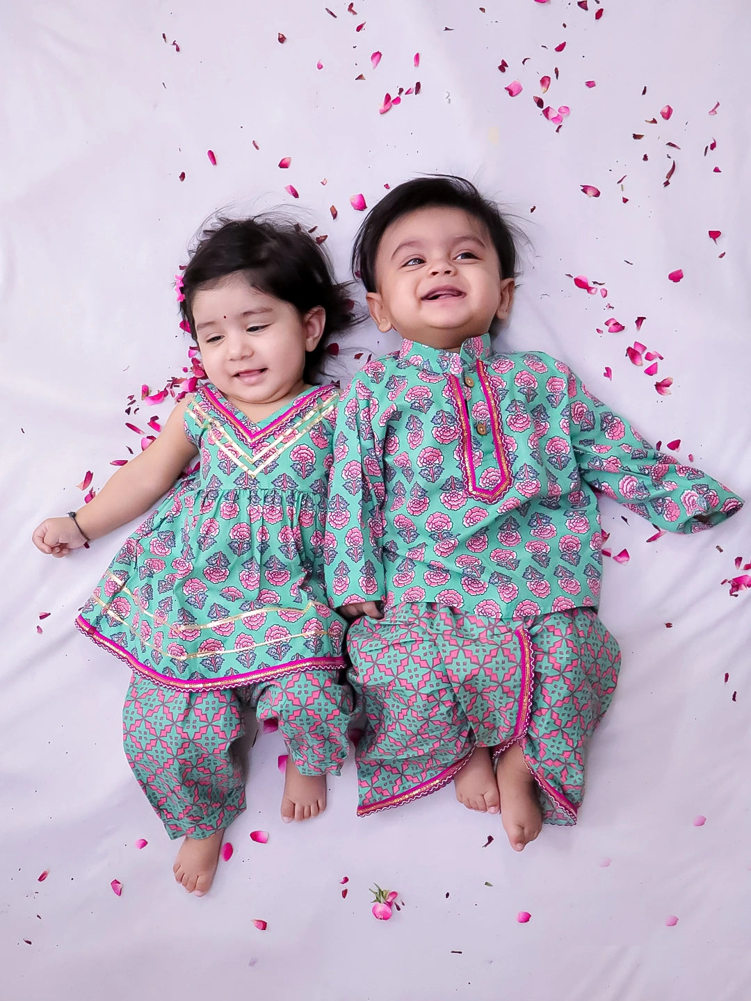 BownBee Pure Cotton Dhoti Kurta & Halter Kurti With Harem Infant Sibling Set