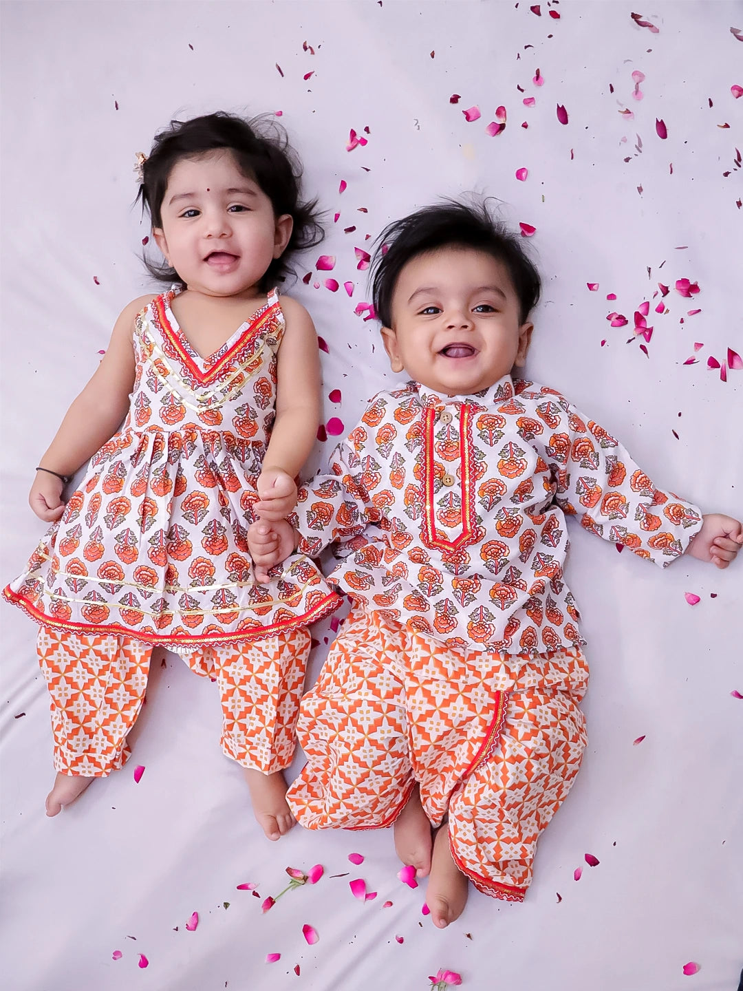 BownBee Pure Cotton Dhoti Kurta & Halter Kurti With Harem Infant Sibling Set